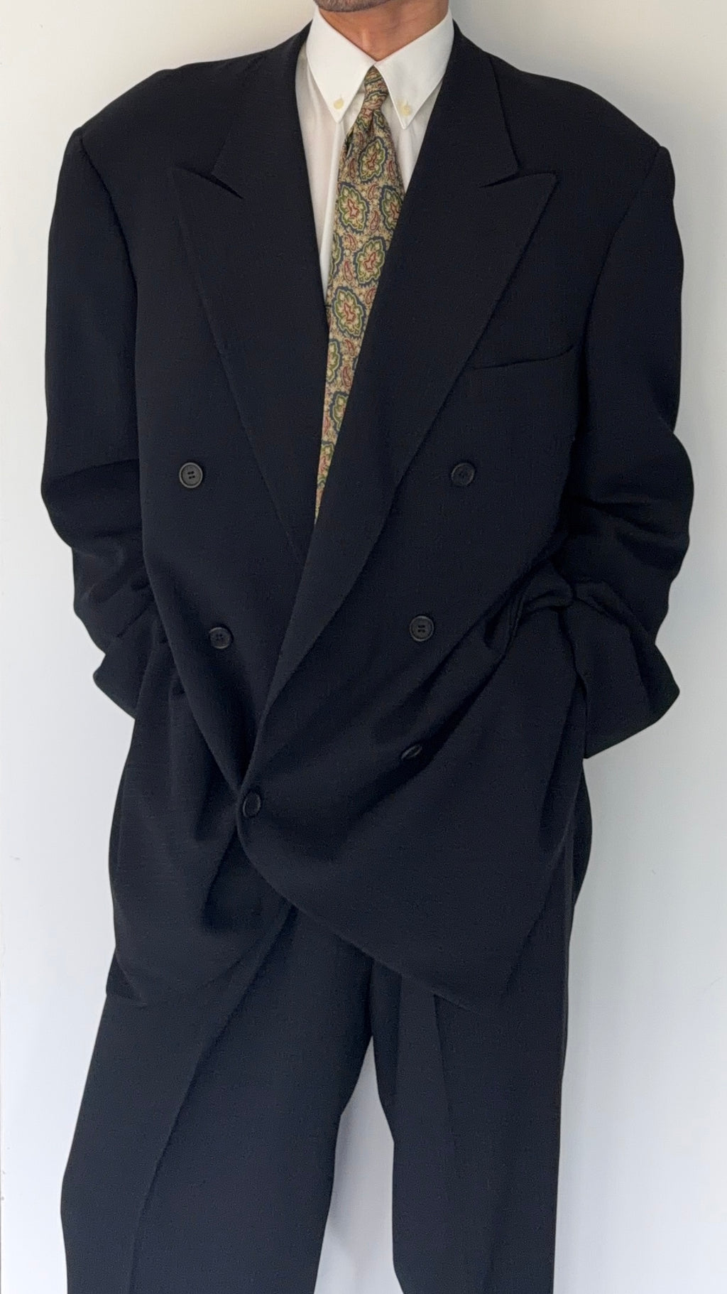 Giorgio Armani Black Label 1990s Peaked Lapel Double Breasted Pleated Wool Suit - Size XXXL Jacket / 40" Waist