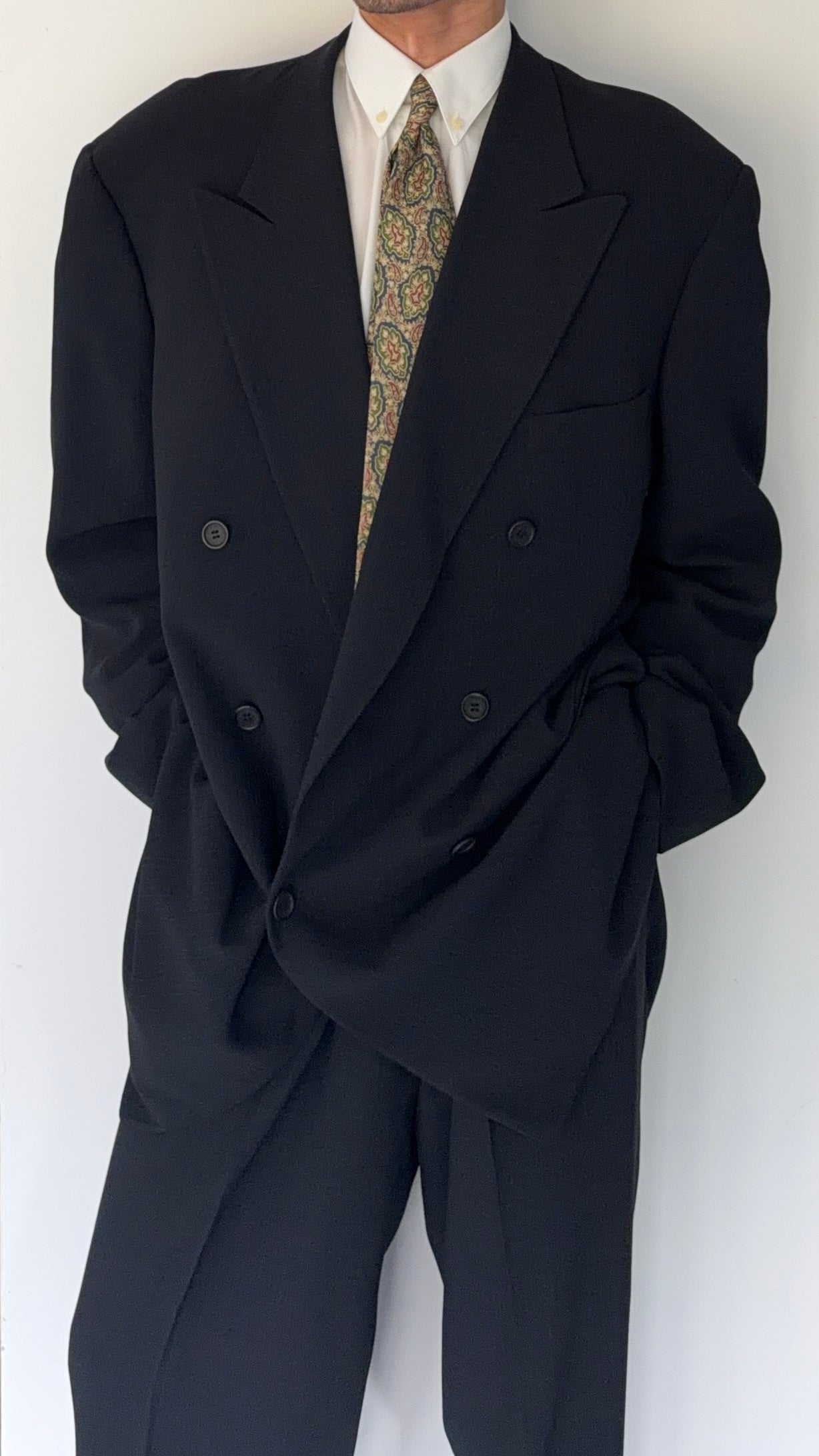 Giorgio Armani Black Label 1990s Peaked Lapel Double Breasted Pleated Wool Suit - Size XXXL Jacket / 40" Waist