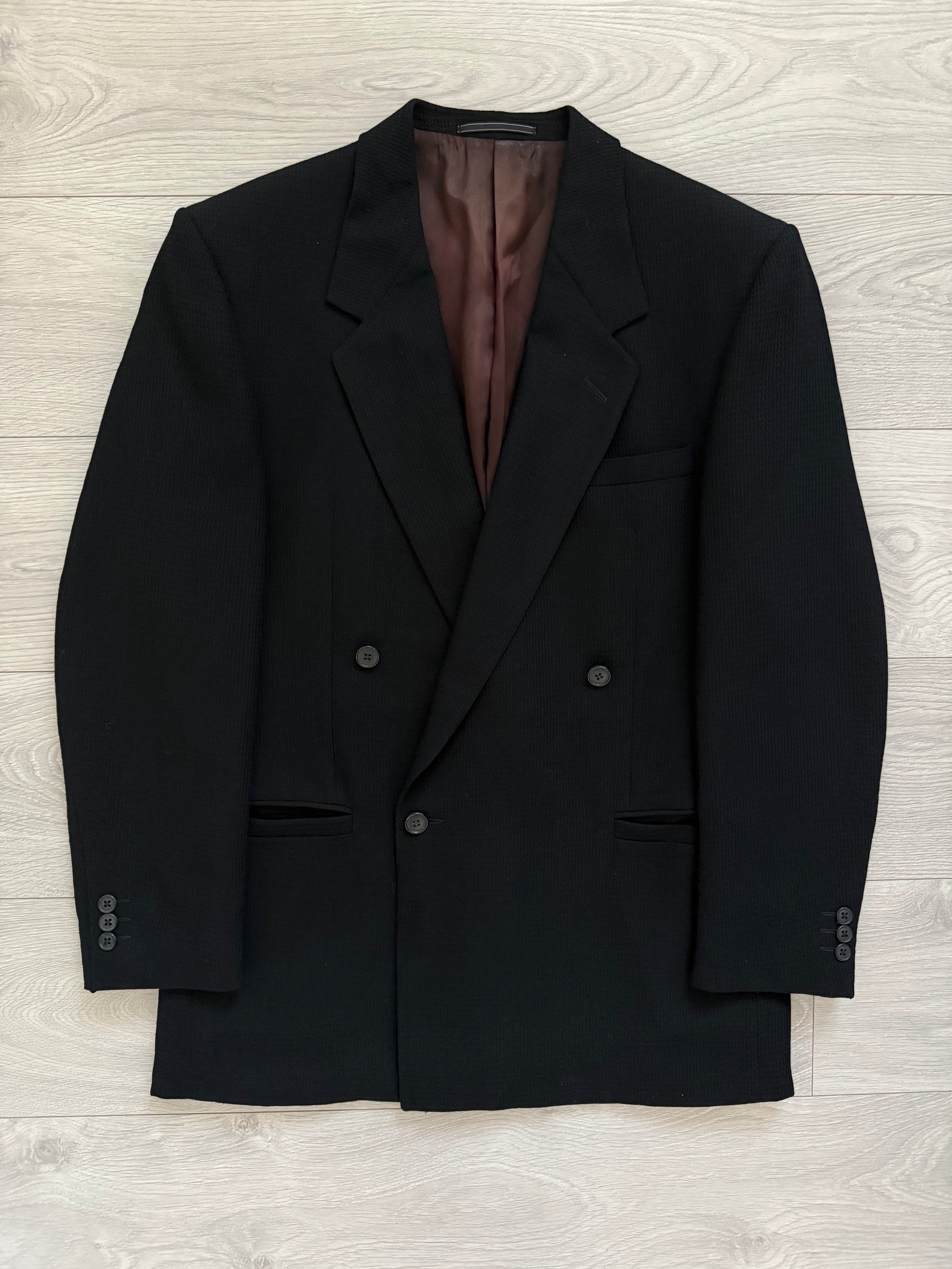 Versace 1980s Double Breasted Notch Lapel Textured Wool Sports Blazer Jacket Black - Size M
