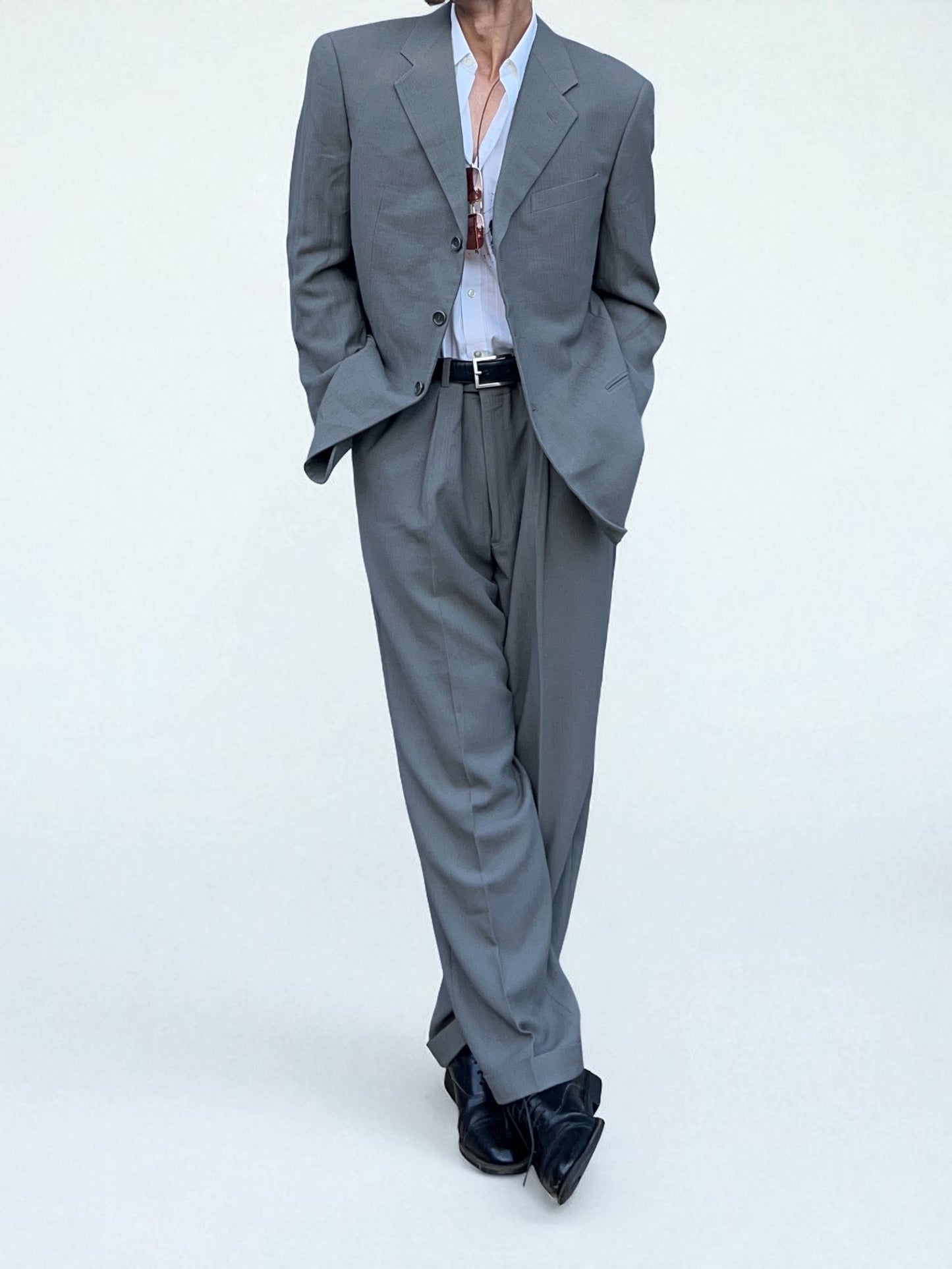 Armani 1990s Pleated Grey Wool Relaxed Suit - L Jacket / 36" Waist