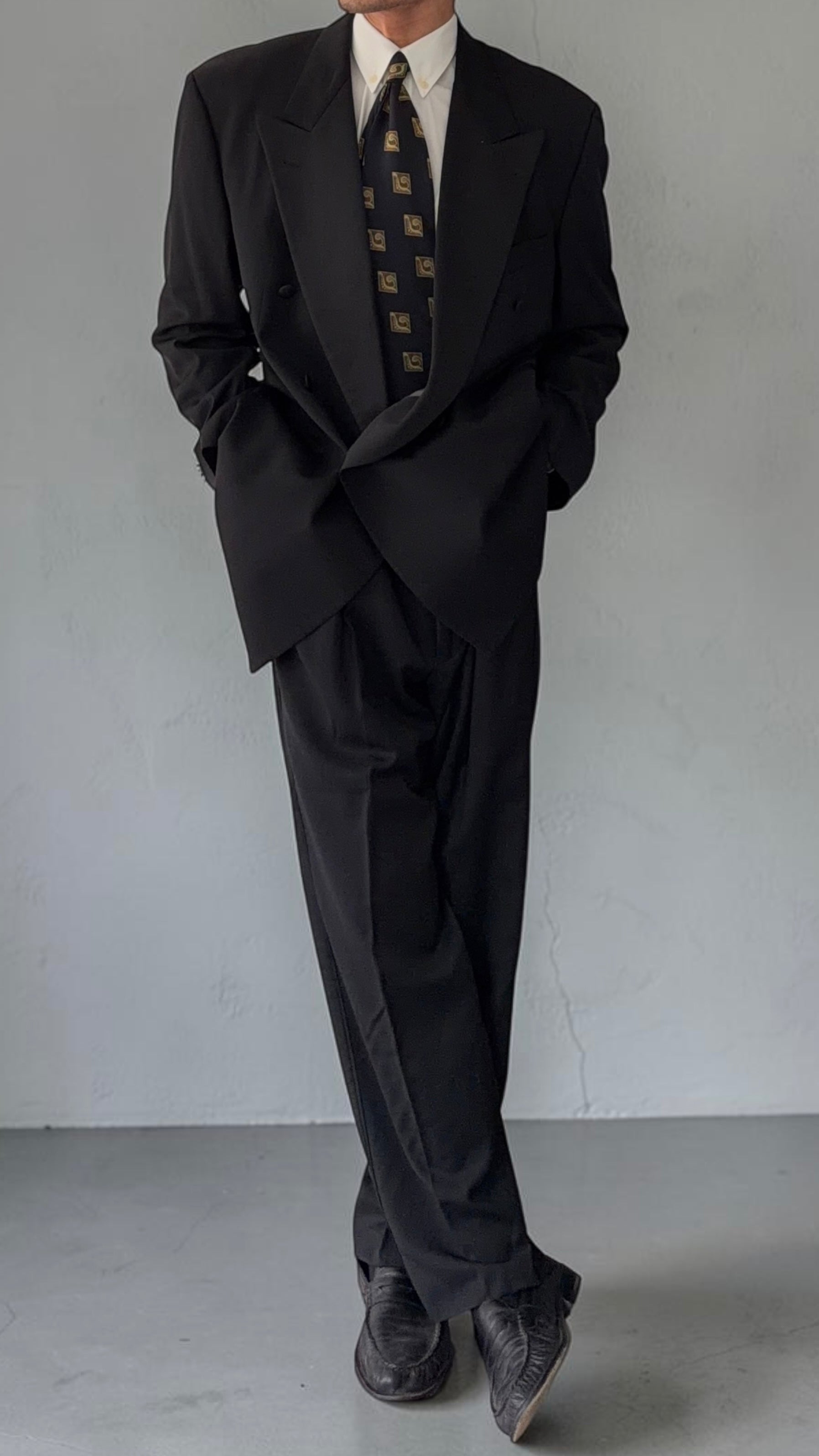 Hugo Boss 1990s Super 110s Tuxedo Double Breasted Pleated Wool Suit - Size XXL Jacket / 38" Waist