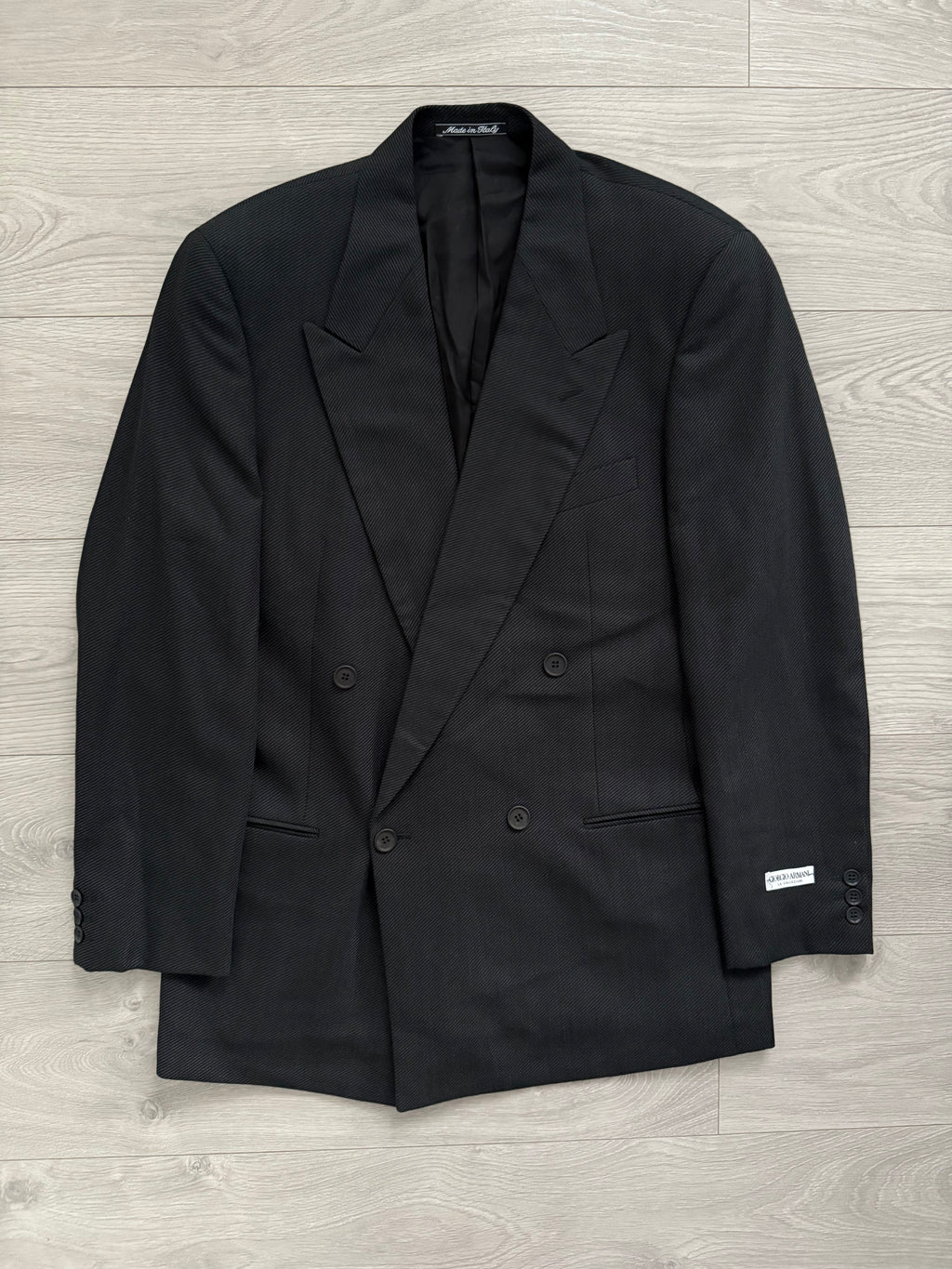 Giorgio Armani 1980s Double Breasted Pleated Wool Suit Black/Grey New - Size L Jacket / 32" Waist