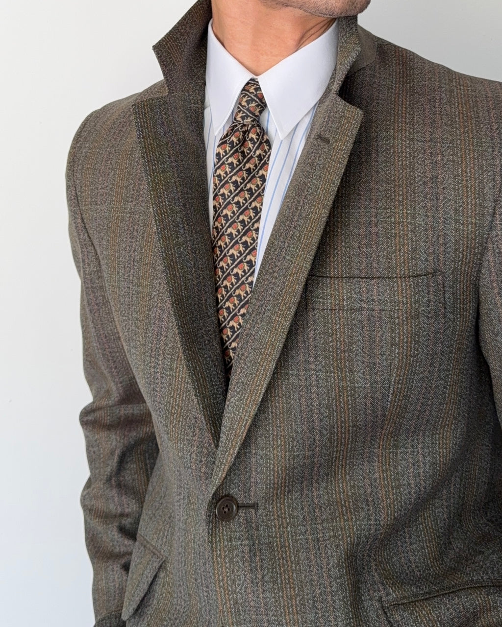 Vintage 1980s 2B Wool Textured Green Brown Suit - Size M Jacket / 32" Waist