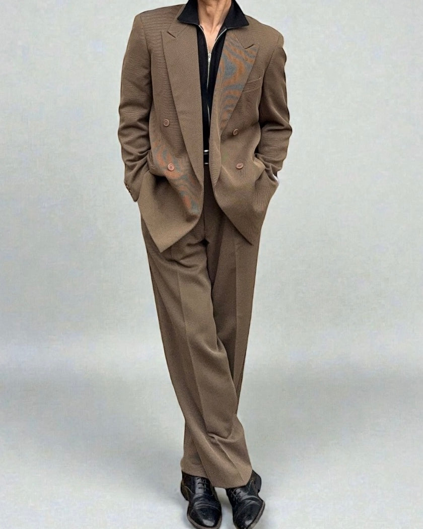 Giorgio Armani 1980s Double Breasted Pleated Wool Suit Taupe Brown New - Size L Jacket / 32" Waist