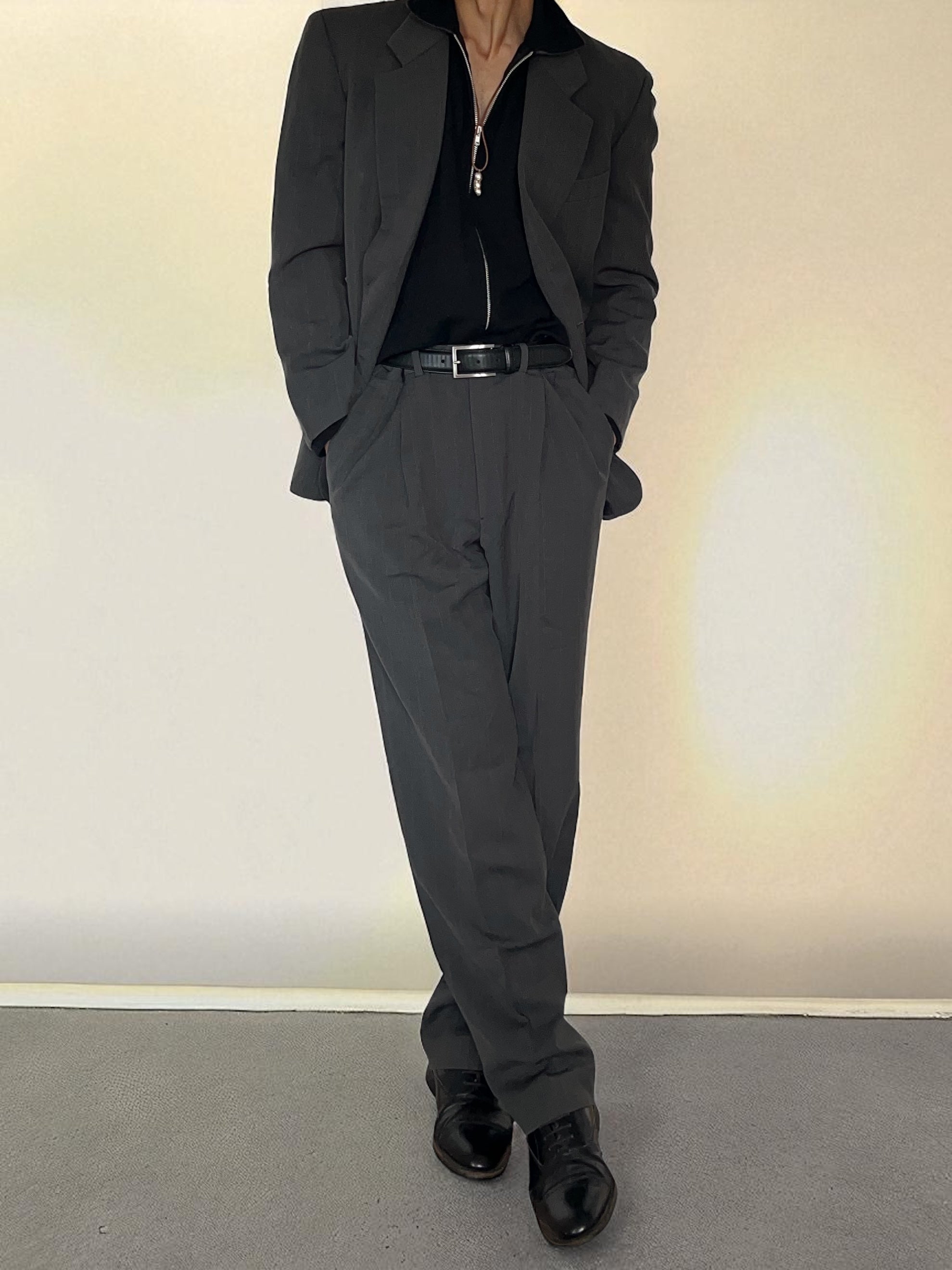 Giorgio Armani 1990s Striped Wool Grey Pleated Suit - Size L Jacket / 34" Waist