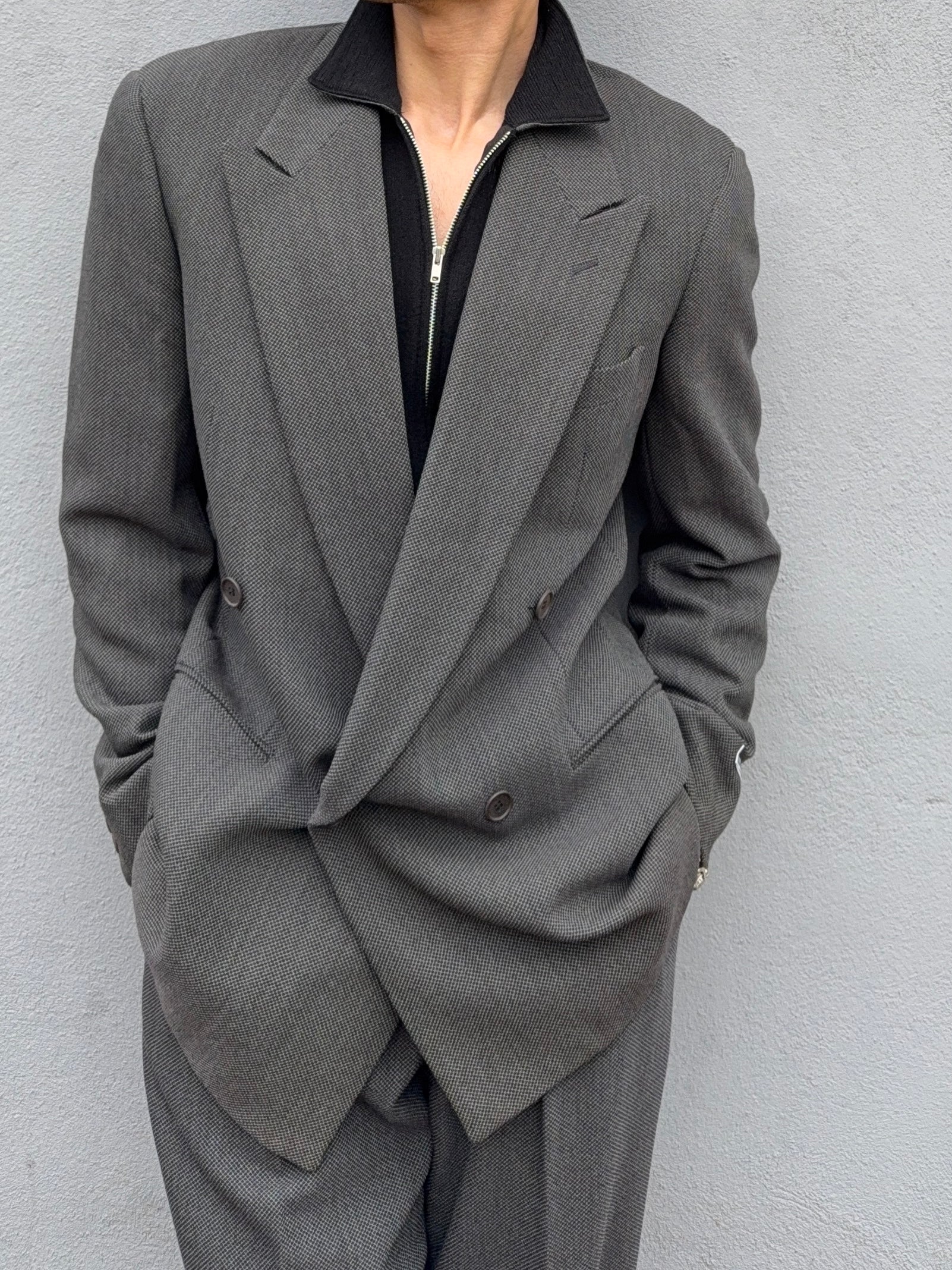 Giorgio Armani 1980s Double Breasted Pleated Wool Suit Grey New - Size L Jacket / 32" Waist