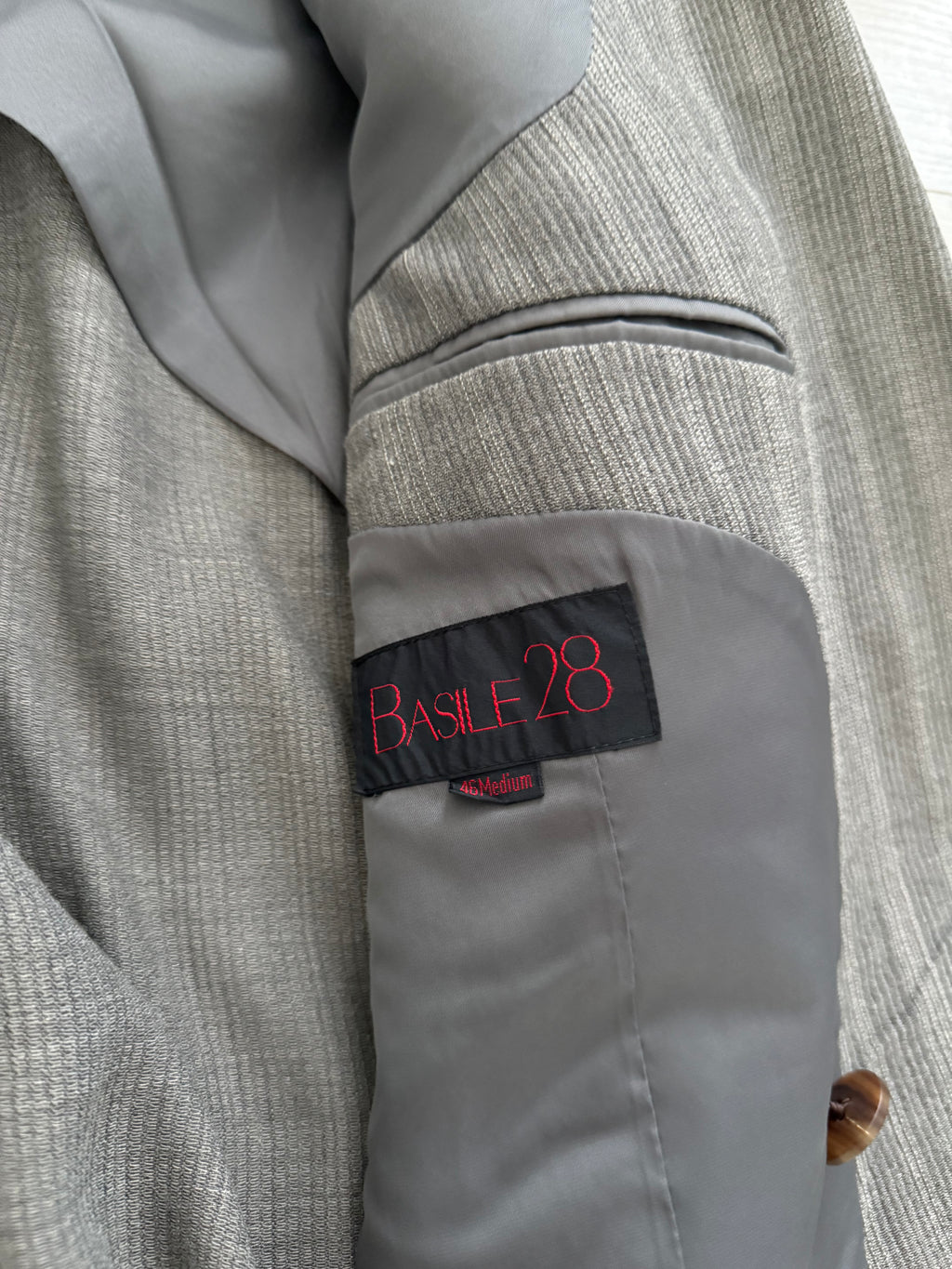 Basile 1980s Peaked Lapel Double Breasted Pleated Textured Wool Suit - Size M Jacket / 31" Waist