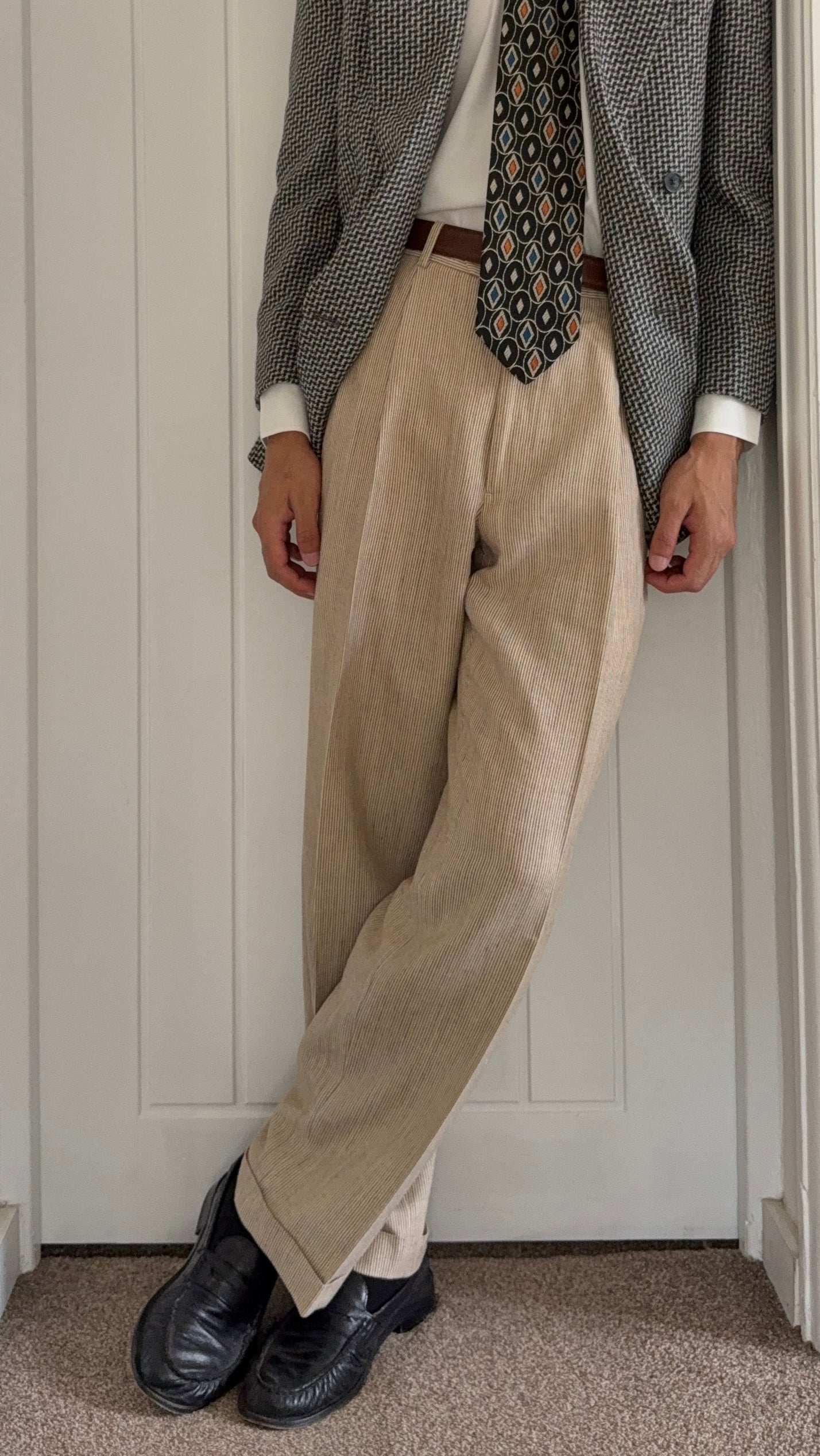 Brooks Brothers 1990s Pleated Wool Silk Linen Seersucker Beige Pants - Size 34" Waist