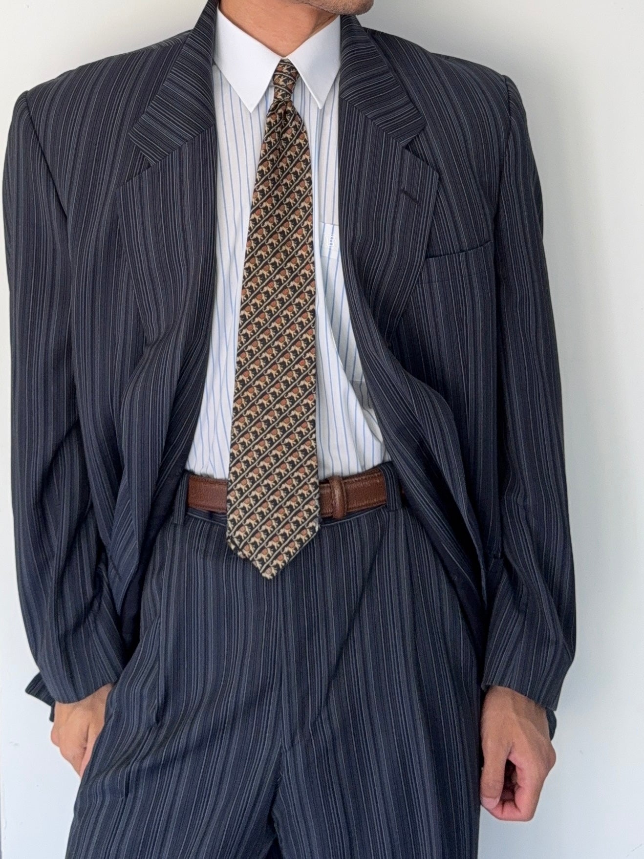 Versace 1980s Notch Lapel Double Breasted Wool Mohair Pleated Striped Suit - Size XXL Jacket / 38" Waist