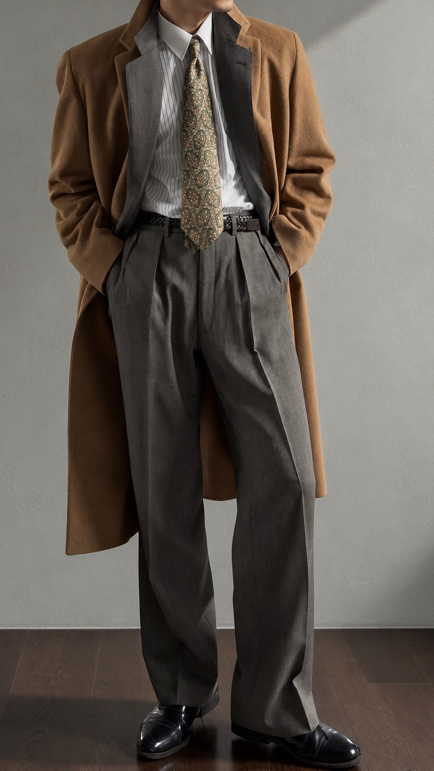 Hugo Boss 1980s Camel Brown Long Wool Overcoat Made in Italy - Size L