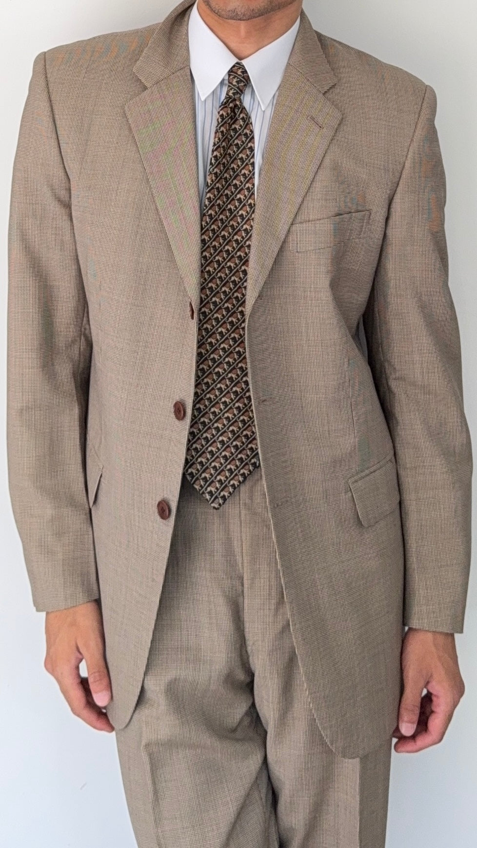 Paul Smith 1990s 3B Double Pleat Micro Houndstooth Marzotto Fabric Wool Suit - Size S Jacket / 30" Waist