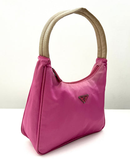 Prada 00s Vela Nylon Plaque Logo Pink Mini Hobo Bag