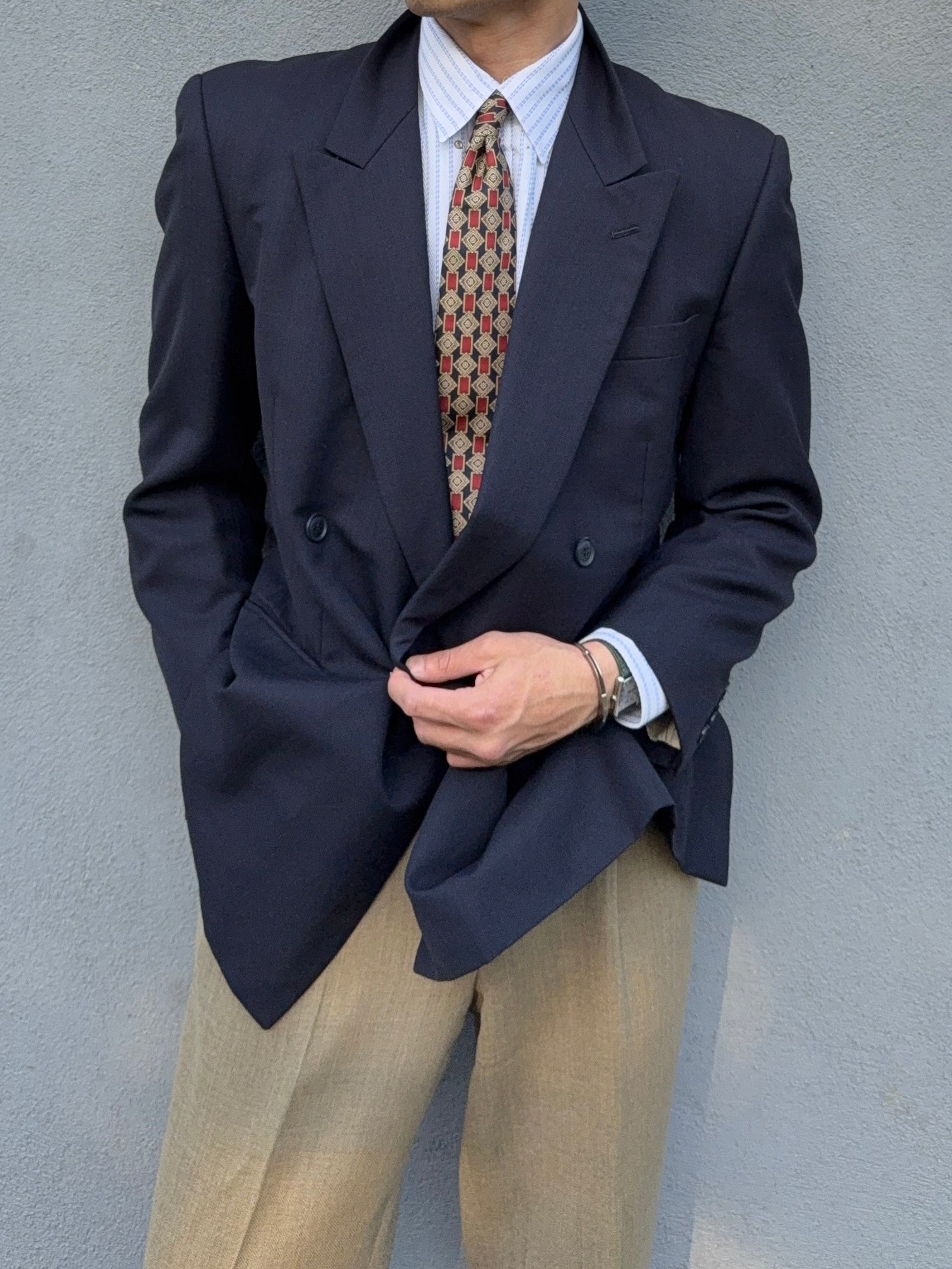 Yves Saint Laurent 1980s Double Breasted Peaked Lapel Wool Blazer Jacket Navy - Size M