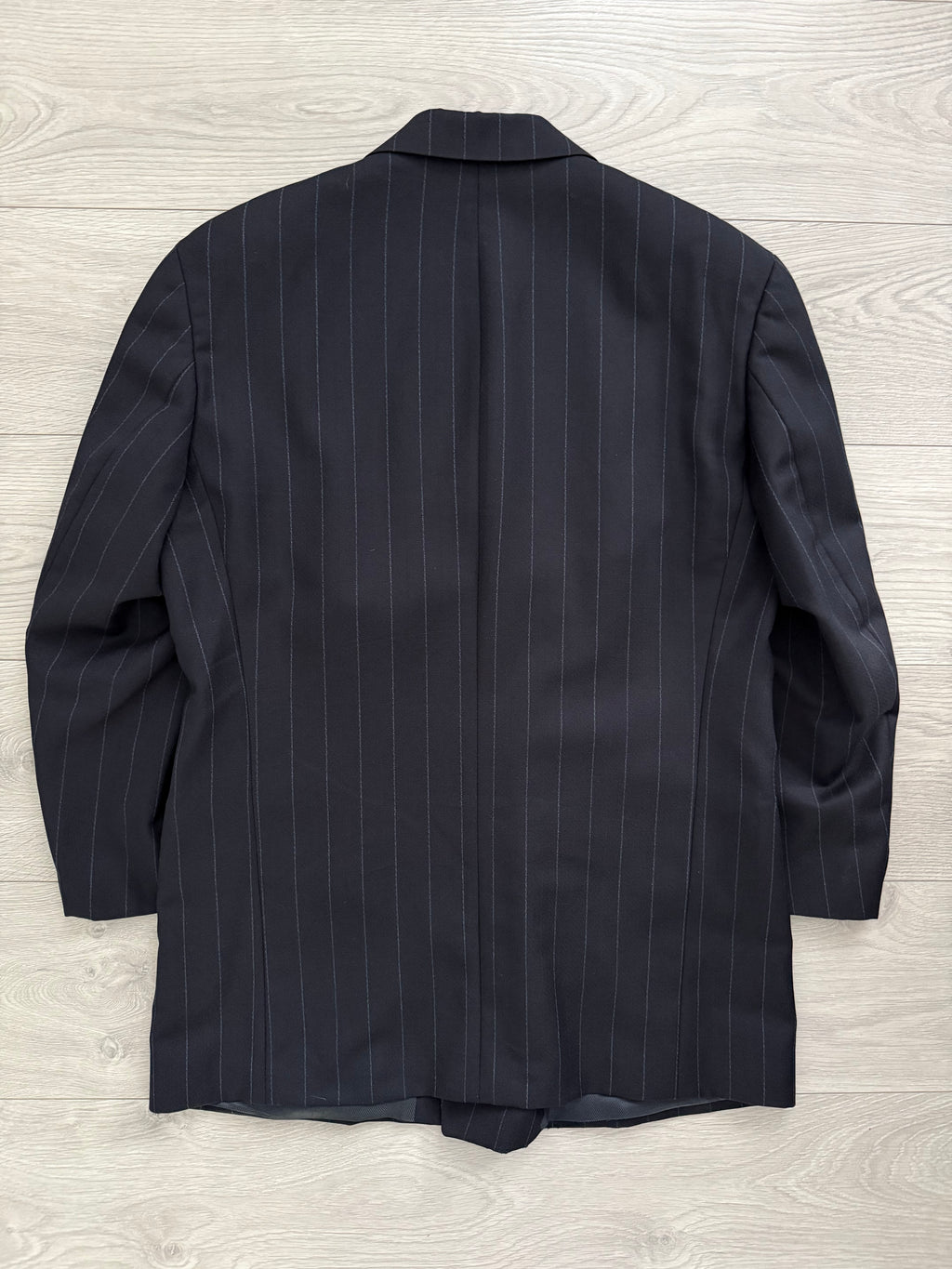 Hugo Boss 1990s 'Nostalgia' 6B Double Breasted Pleated Striped Wool Navy Suit - Size M Jacket / 32" Waist