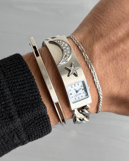 Jean Paul Gaultier 00s 3D Studded Moon Star Motif Stainless Steel Watch Bracelet