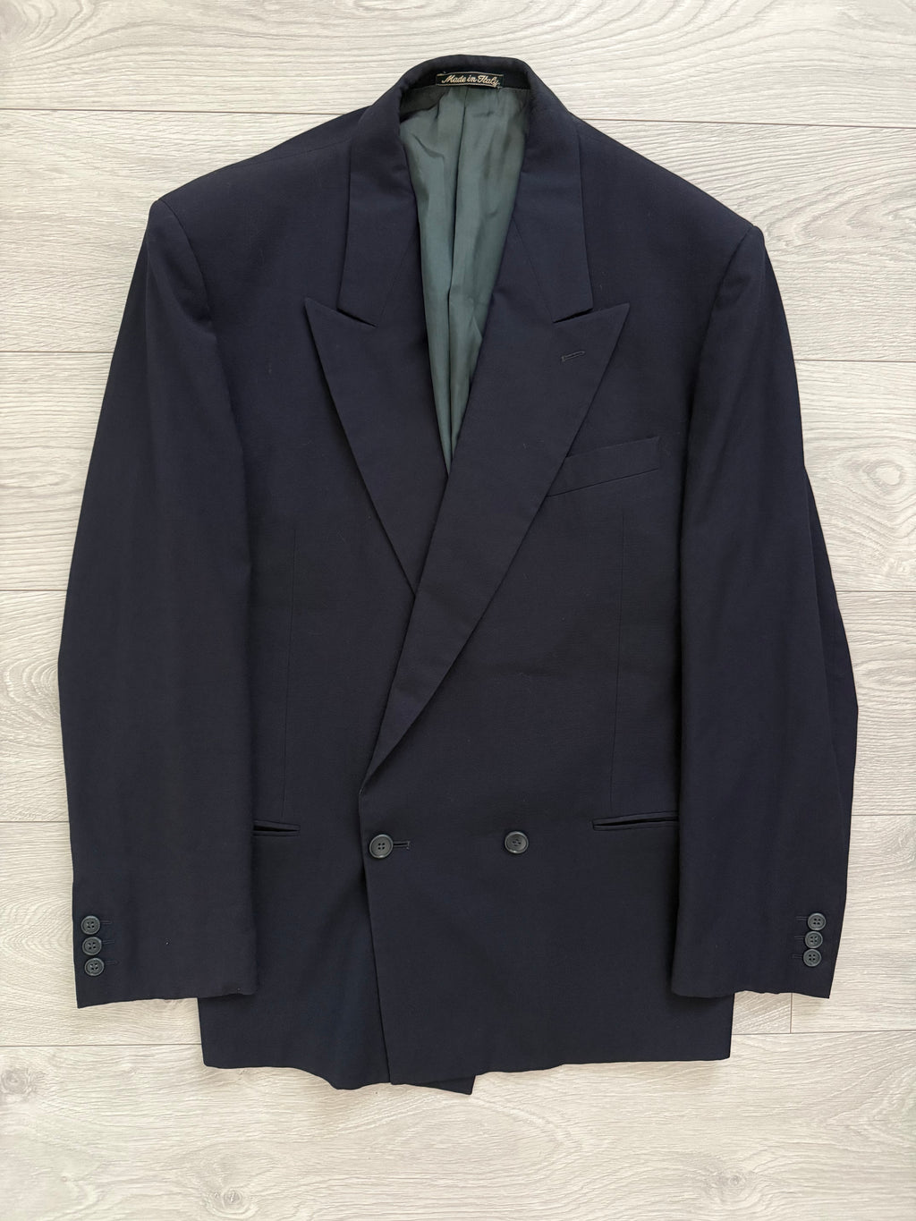 Giorgio Armani Mainline 1980s Navy Peaked Lapel Double Breasted Wool Sports Blazer Jacket - Size L