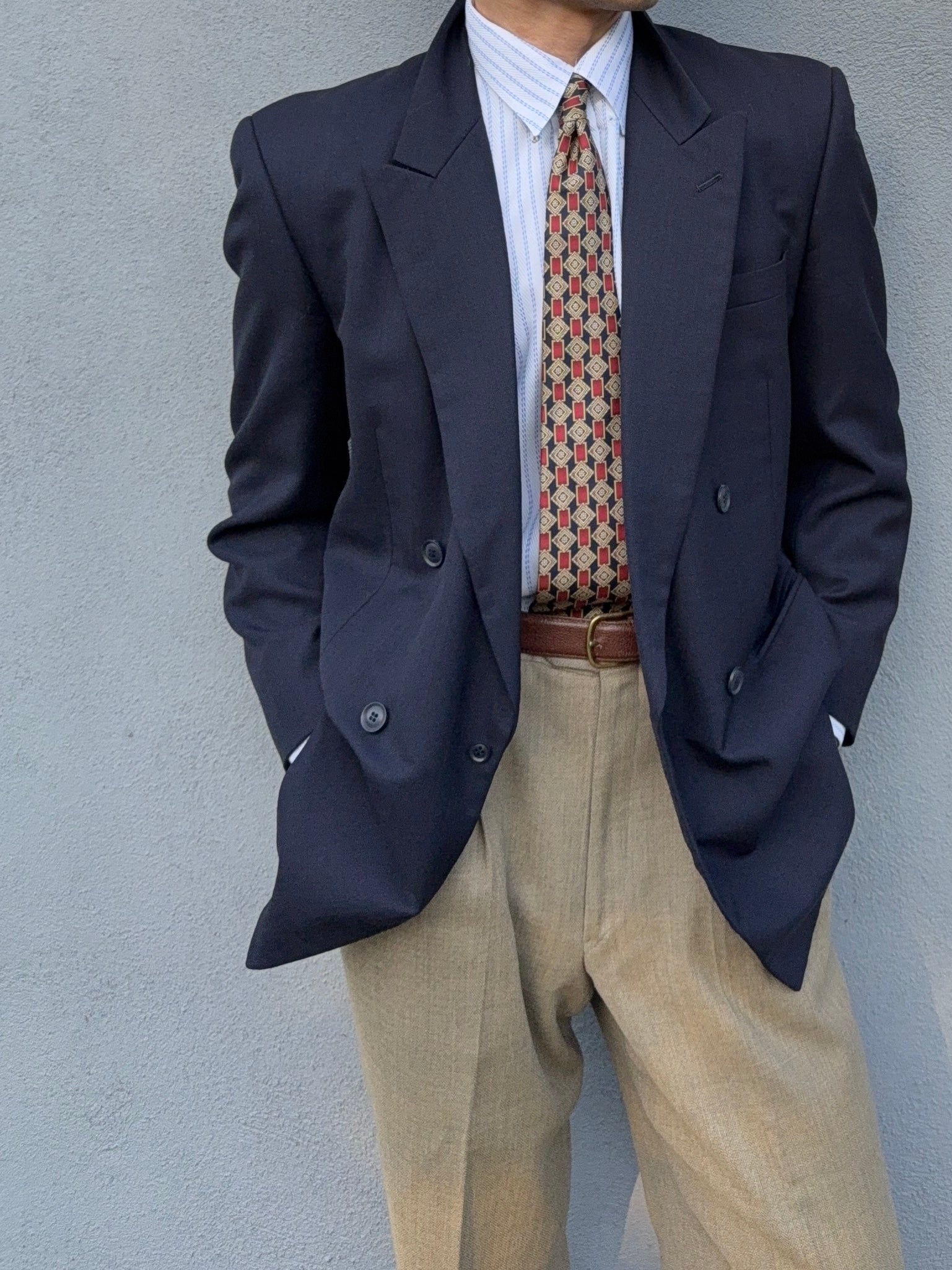 Yves Saint Laurent 1980s Double Breasted Peaked Lapel Wool Blazer Jacket Navy - Size M