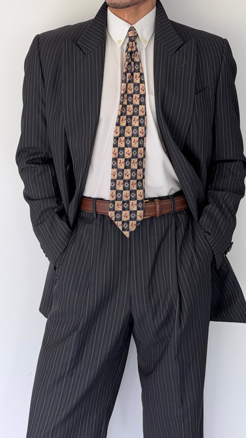 Armani 1990s Peaked Lapel Double Breasted Pleated Silk Wool Suit Striped Grey - Size L Jacket / 34" Waist