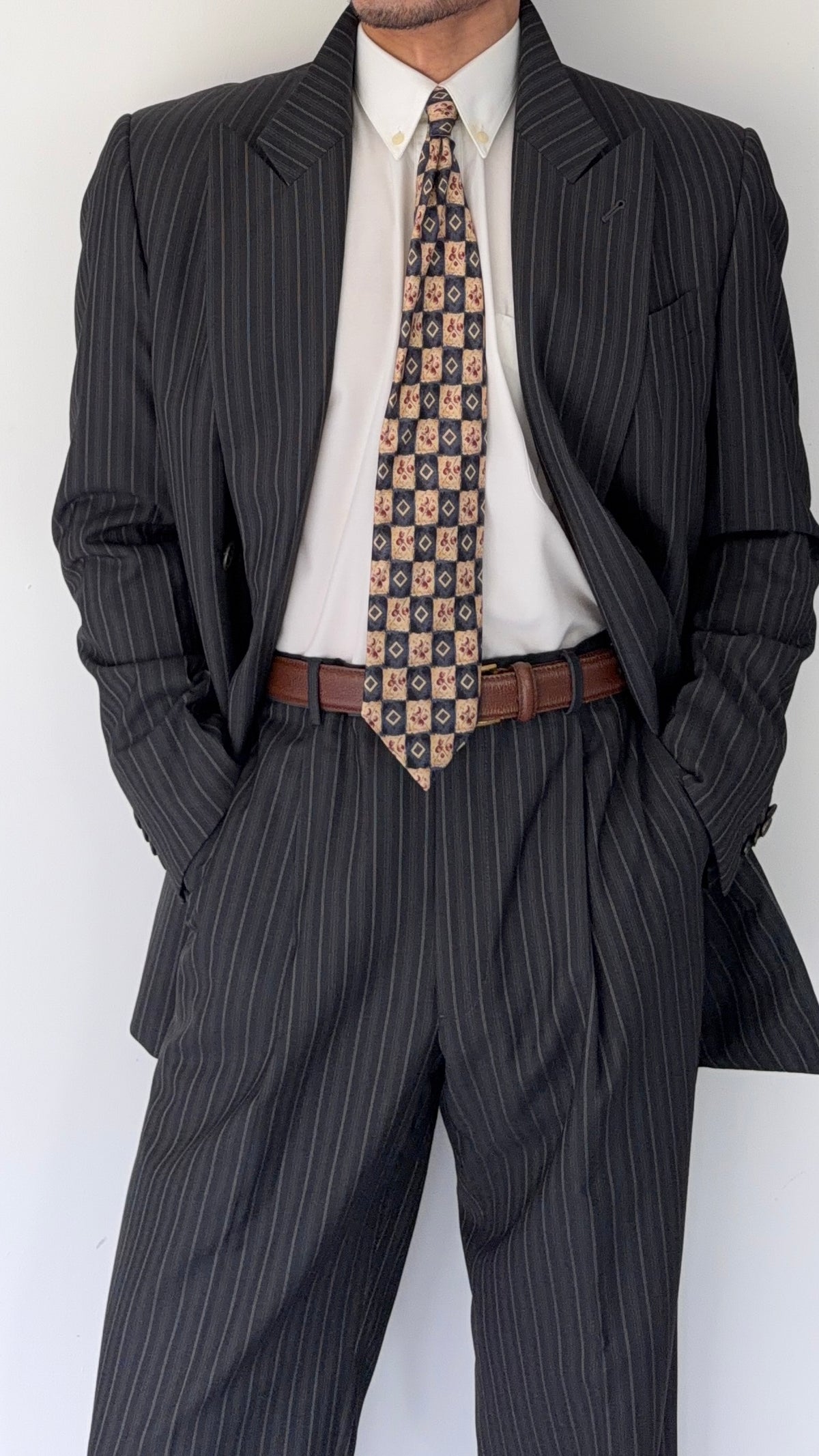 Armani 1990s Peaked Lapel Double Breasted Pleated Silk Wool Suit Striped Grey - Size L Jacket / 34" Waist