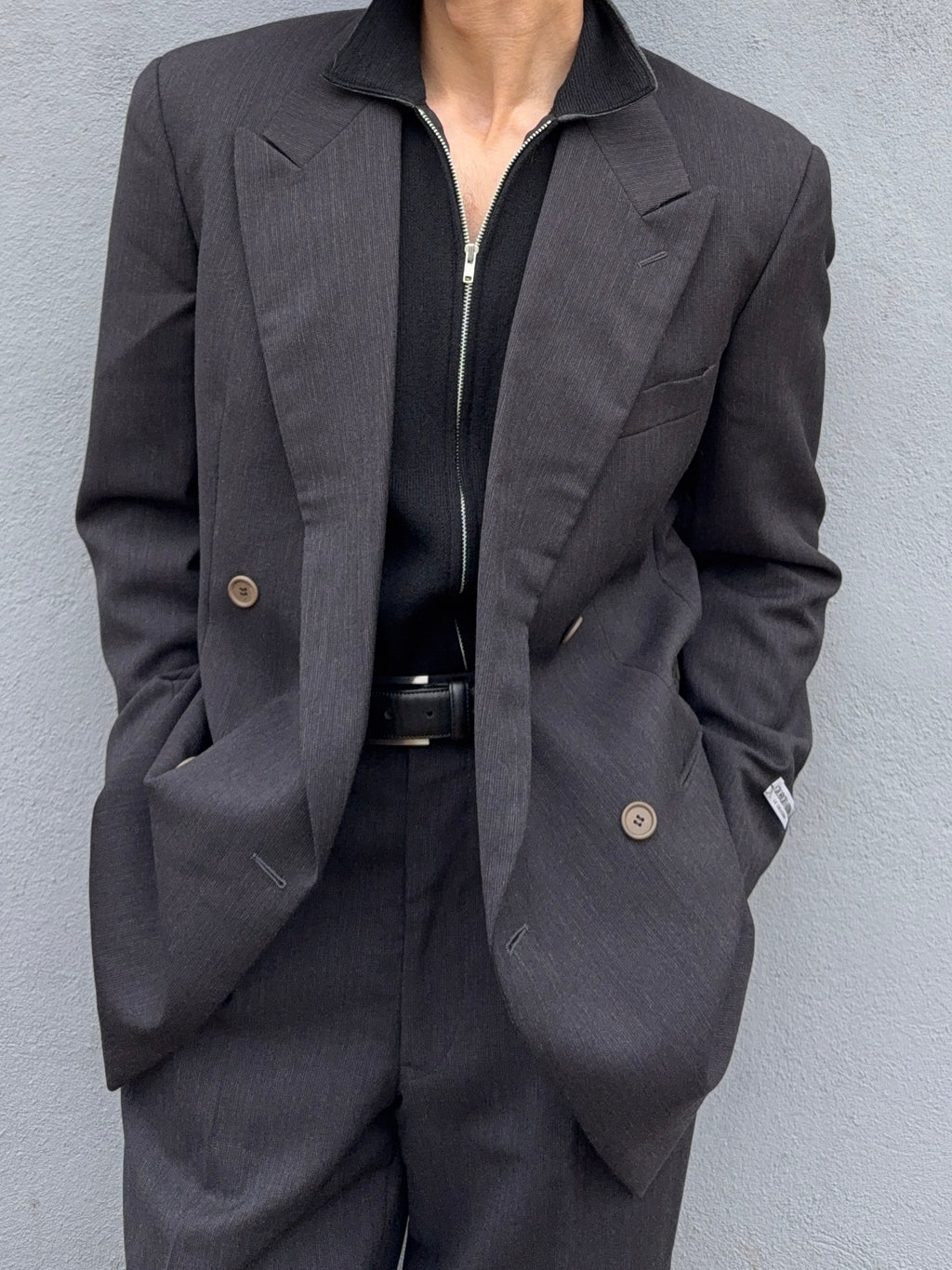 Giorgio Armani 1980s Double Breasted Pleated Wool Suit Espresso Charcoal New - Size L Jacket / 32" Waist