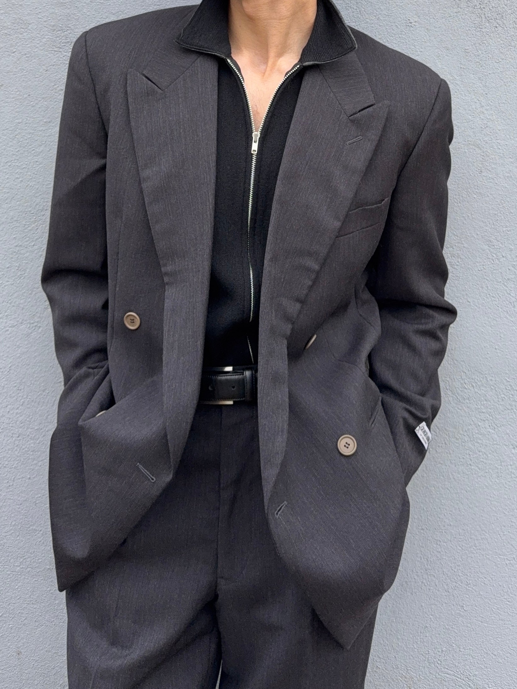 Giorgio Armani 1980s Double Breasted Pleated Wool Suit Espresso Charcoal New - Size L Jacket / 32" Waist