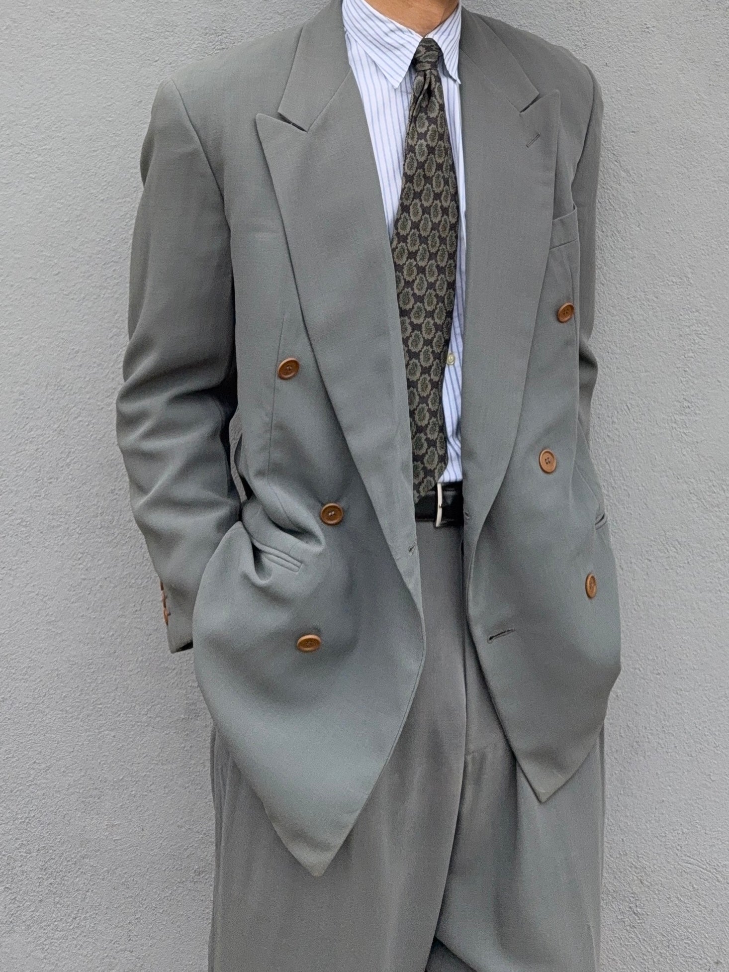 Giorgio Armani 1990s Double Breasted Pleated Wool Draped Suit - Size L Jacket / 32" Waist