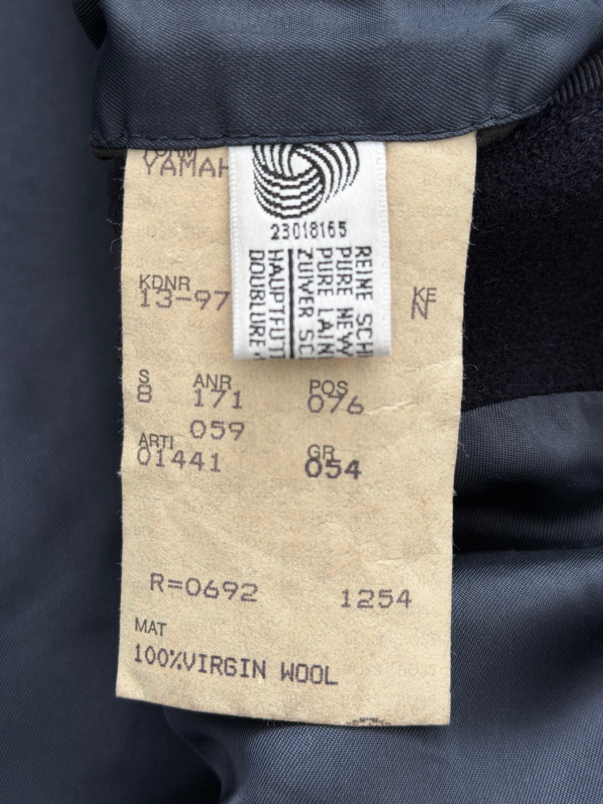 Hugo Boss 1980s 'Yamaha' Peaked Lapel Navy Wool Overcoat - Size XXL