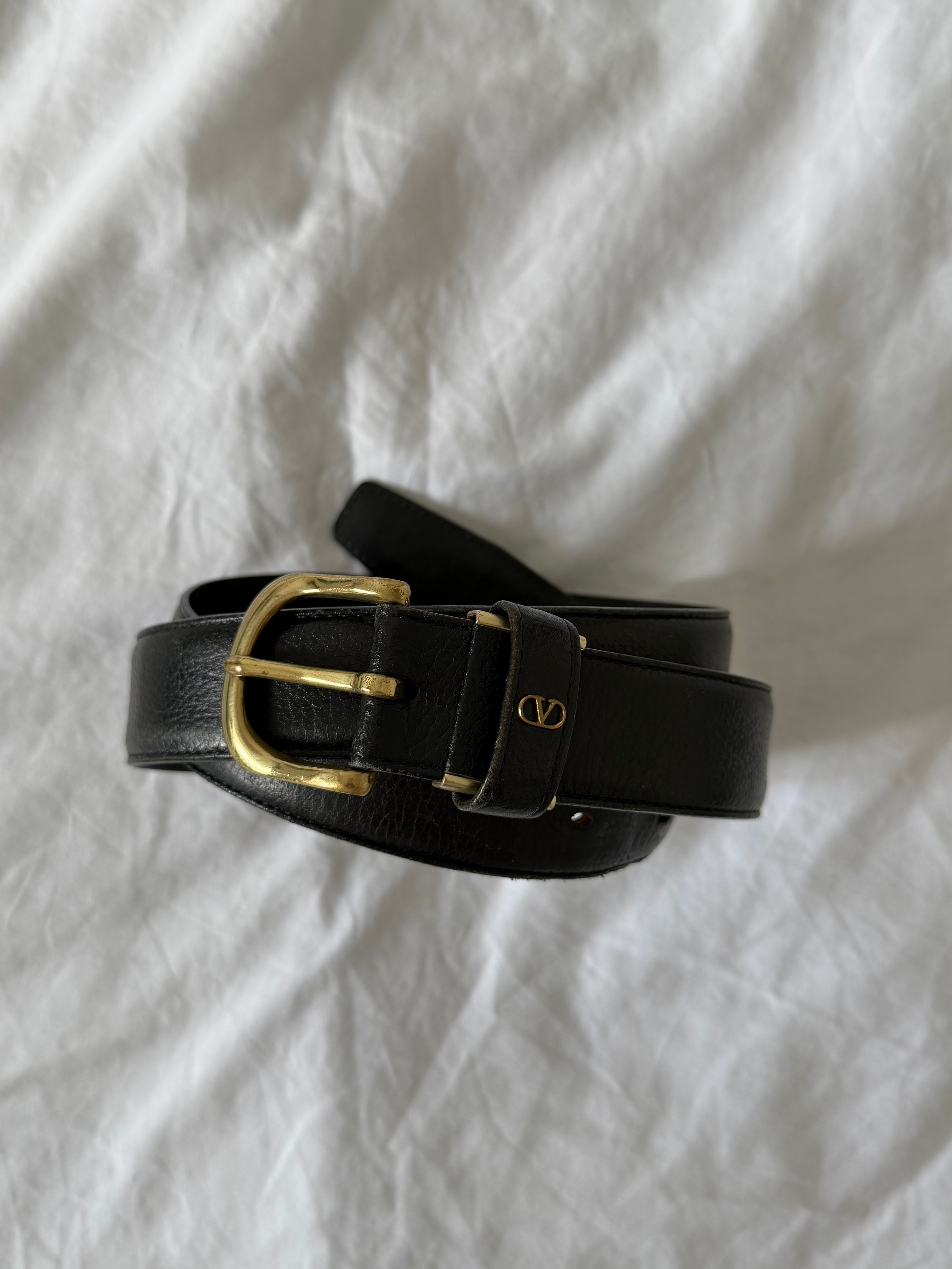 Valentino 1980s Gold Buckle Black Leather Belt - Size 30" to 34" Waist