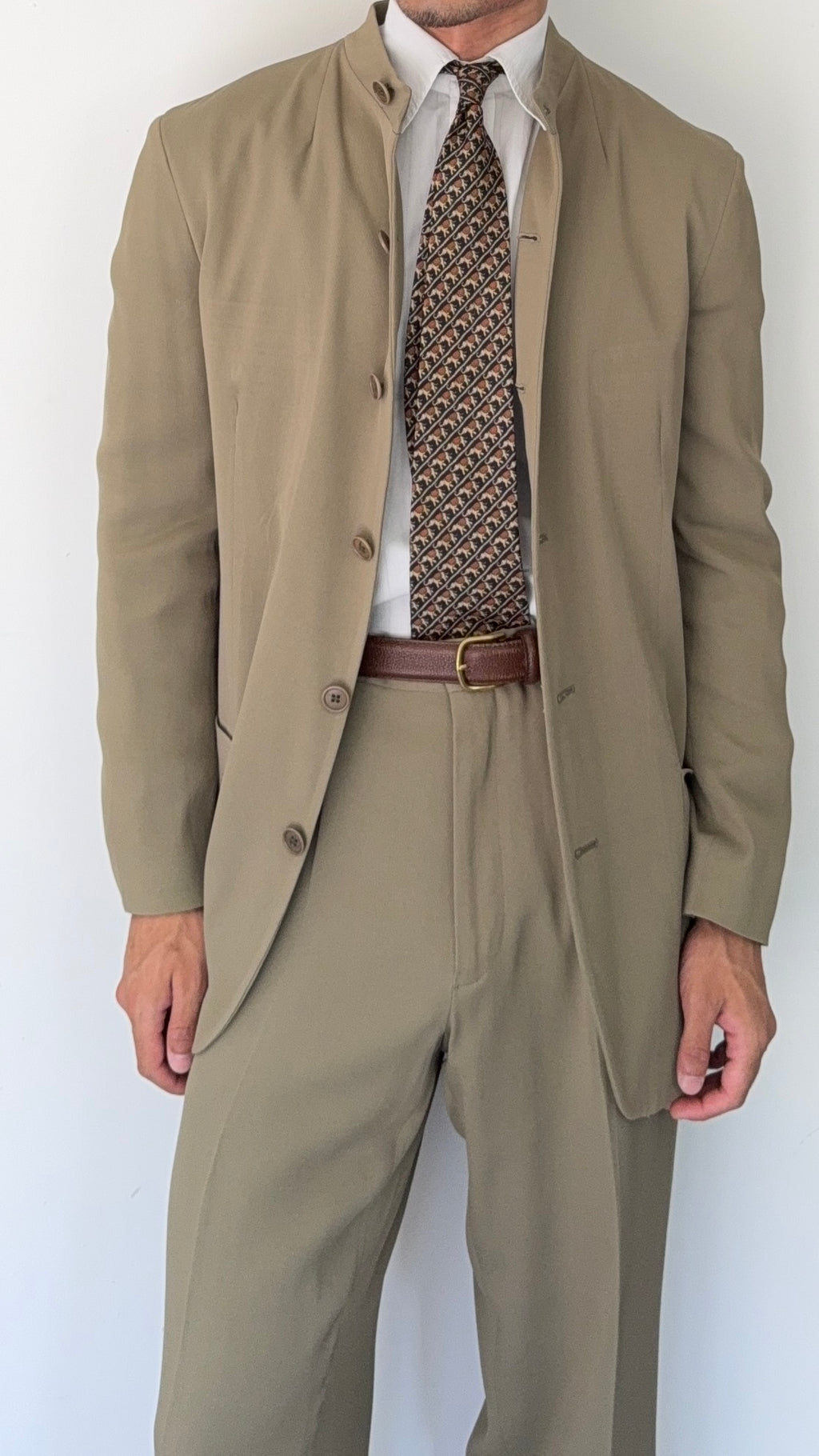 Emporio Armani AW1995 Nehru Collar Draped Khaki Taupe Suit - Size S Jacket / 30" Waist