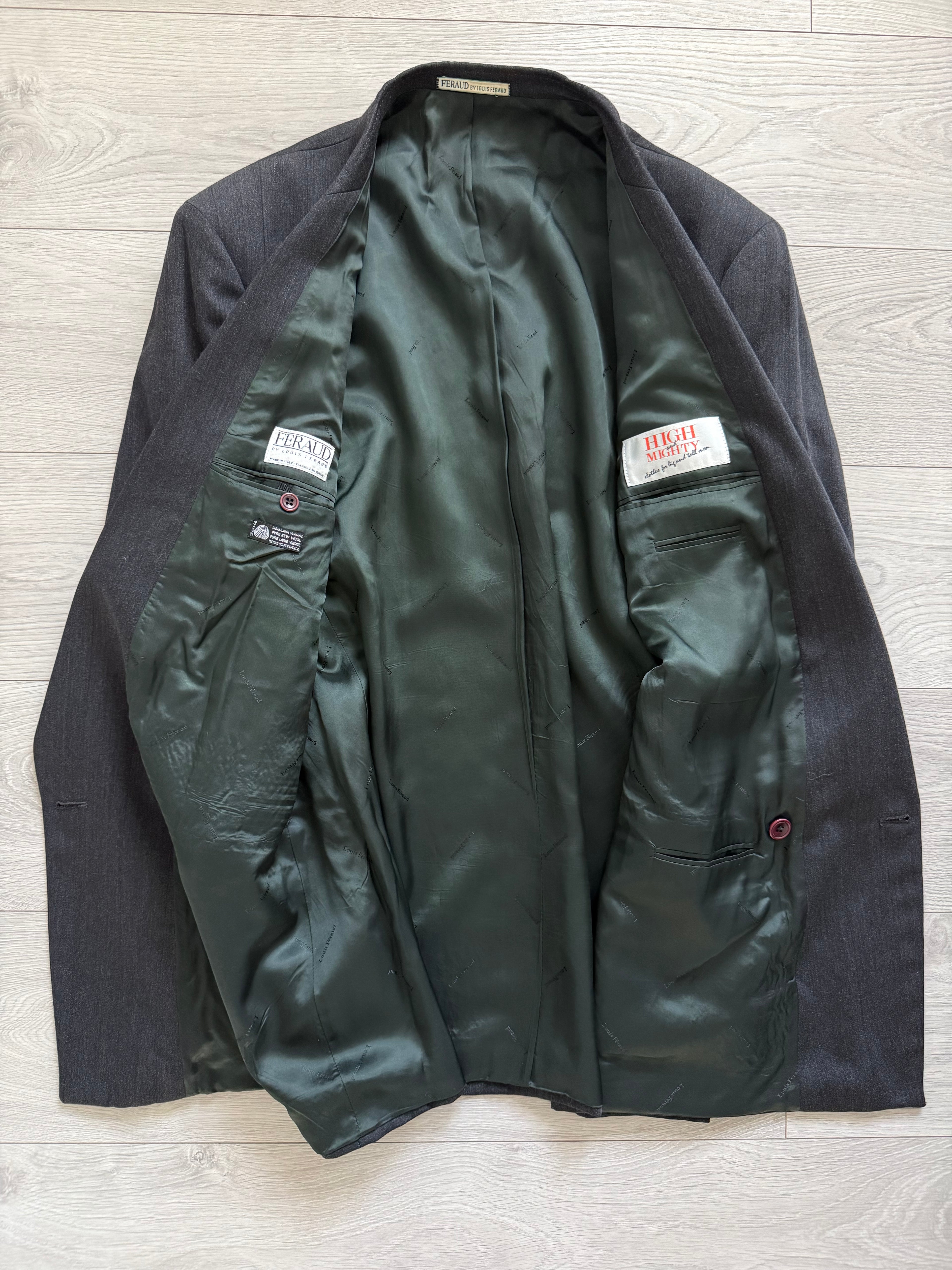 Louis Feraud Armani 1980s Peaked Lapel Double Breasted Pleated Pure New Wool Charcoal Grey Suit - Size XXL Jacket / 40" Waist