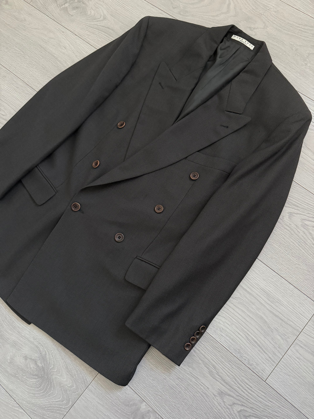Hugo Boss 1980s Super 100s Peaked Lapel Double Breasted Wool Taupe Brown Sport Jacket Blazer - Size L