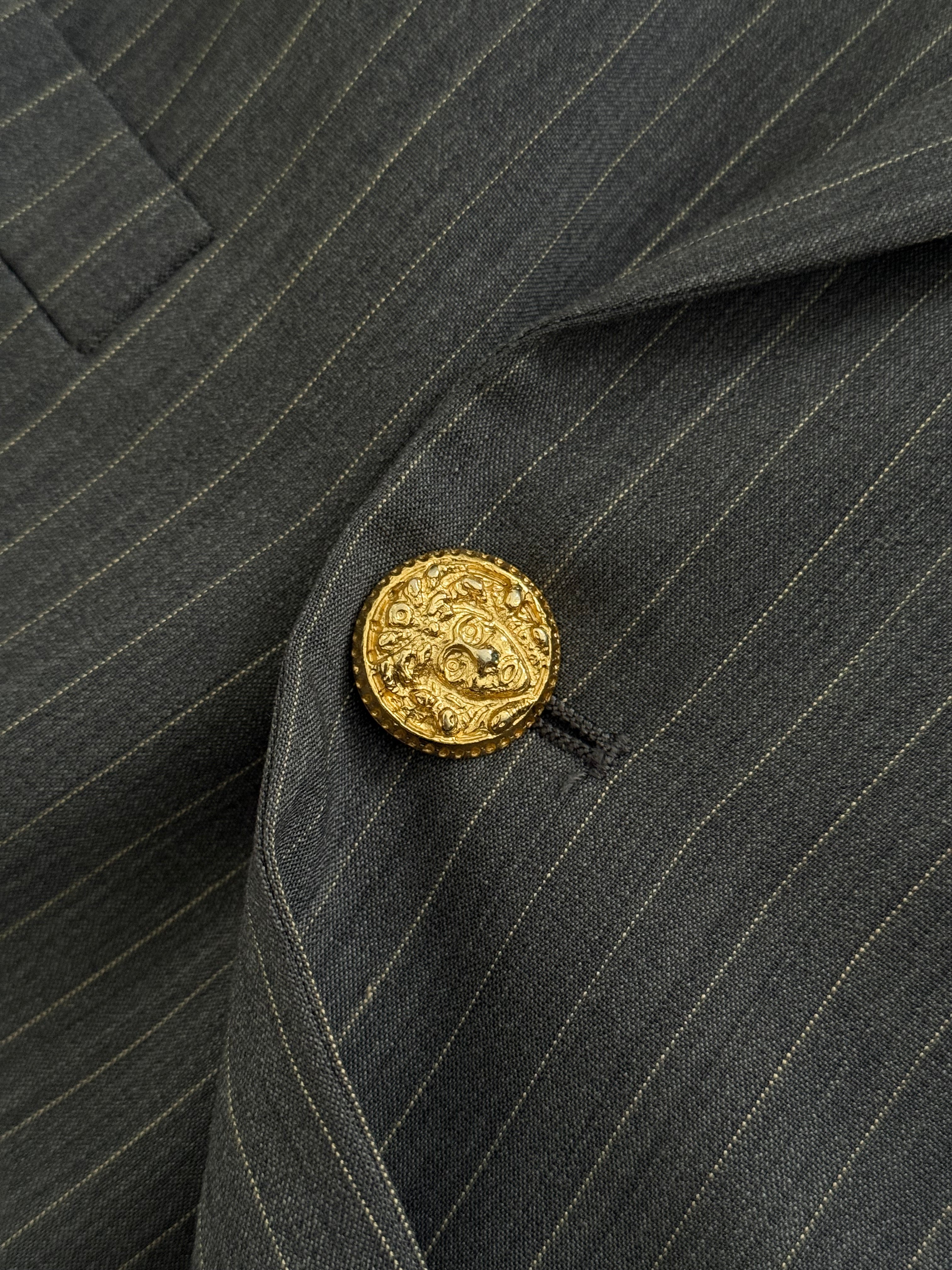 Versace 1980s Peaked Lapel Double Breasted Medusa Metal Button Triple Pleat Striped Wool Suit - Size S Jacket / 30" Waist