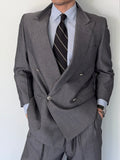 Burberry 1980s Peaked Lapel Double Breasted Pleated Wool Suit Grey - Size S Jacket / 32" Waist