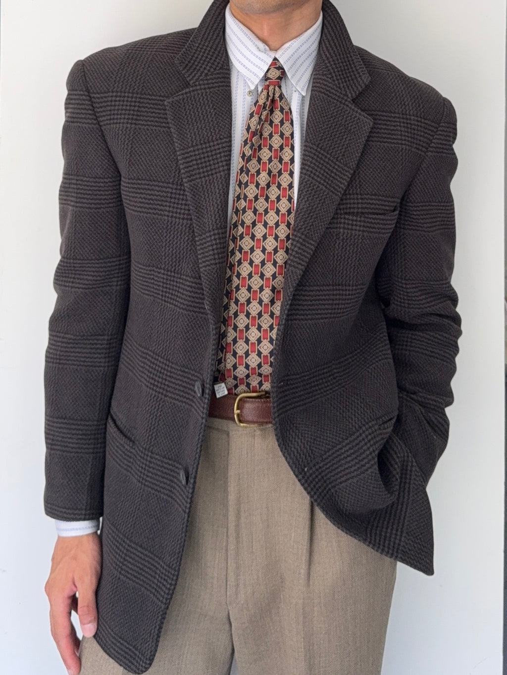 Emporio Armani 1990s 3B Houndstooth Wool Grey Sports Jacket Blazer - Size M