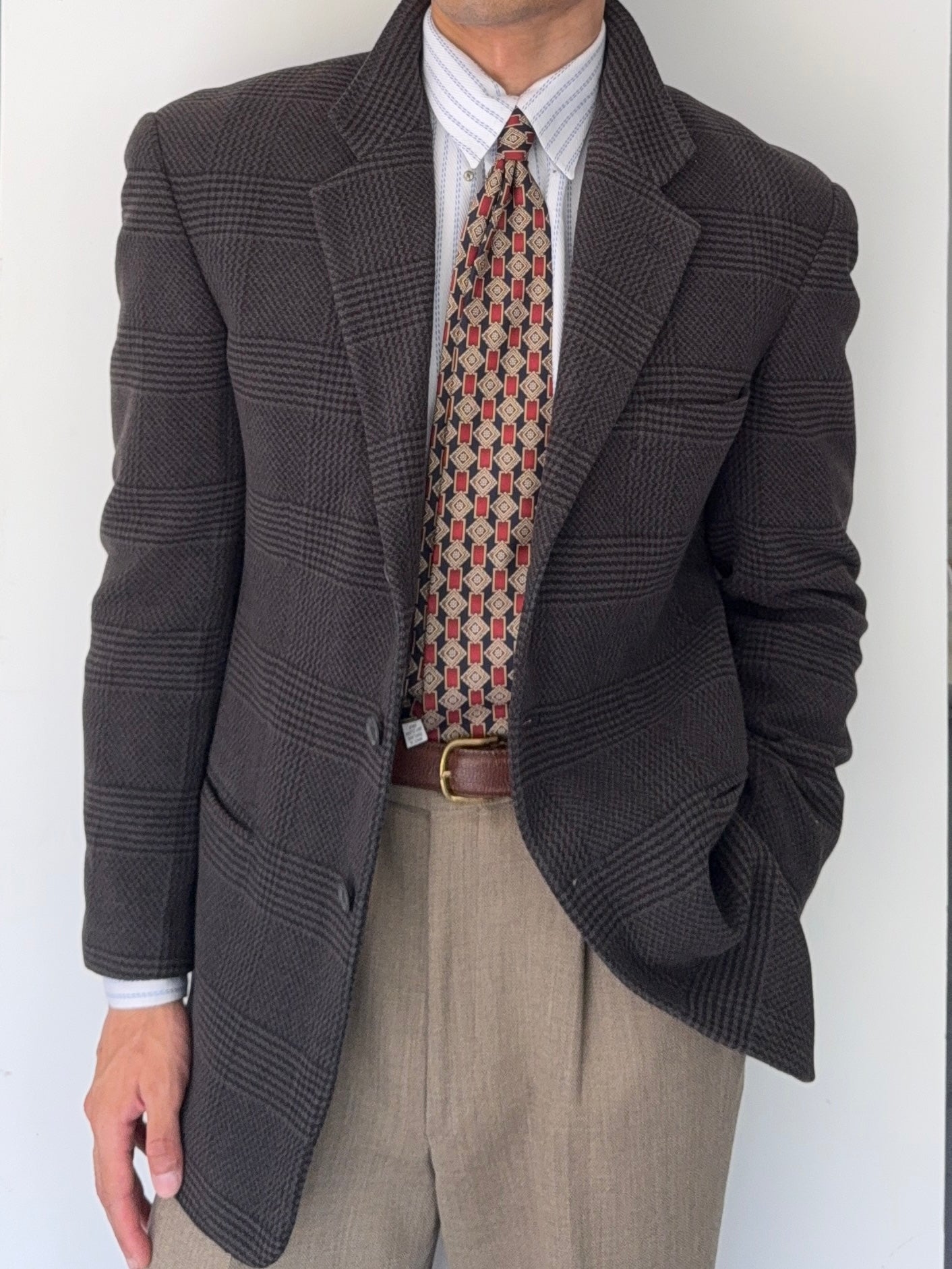 Emporio Armani 1990s 3B Houndstooth Wool Grey Sports Jacket Blazer - Size M