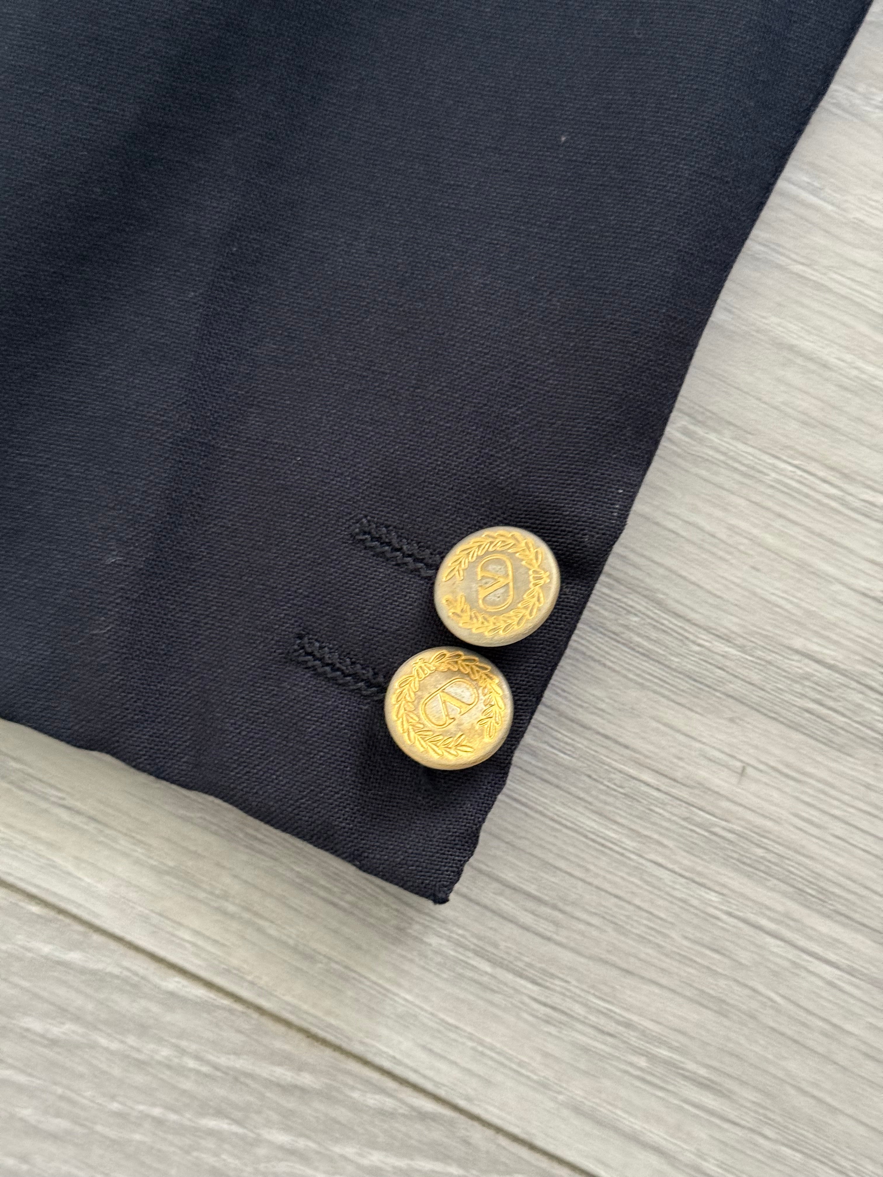 Valentino 1980s Peaked Lapel Double Breasted Metal Button Wool Jacket Navy  - Size S