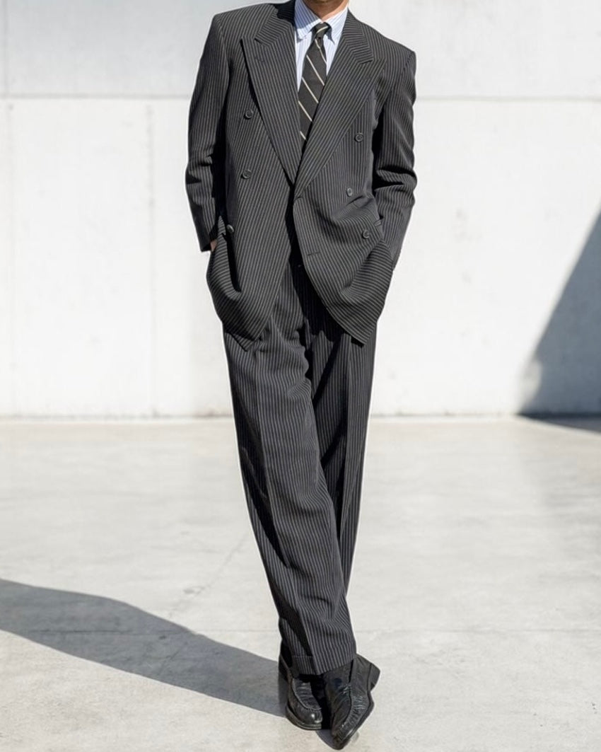 Valentino 1980s 6B Double Breasted Wool Pinestripe Power Suit - Size M Jacket / 32" Waist