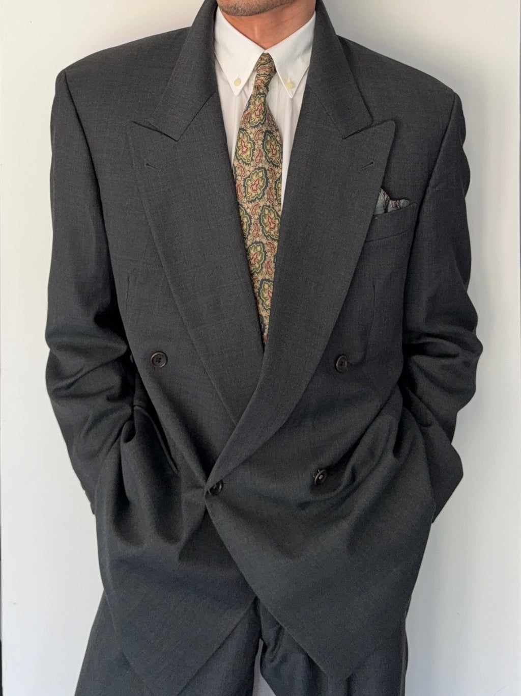 Hugo Boss 1980s Peaked Lapel Double Breasted Pleated Wool Suit Dark Green - Size XL Jacket / 36" Waist
