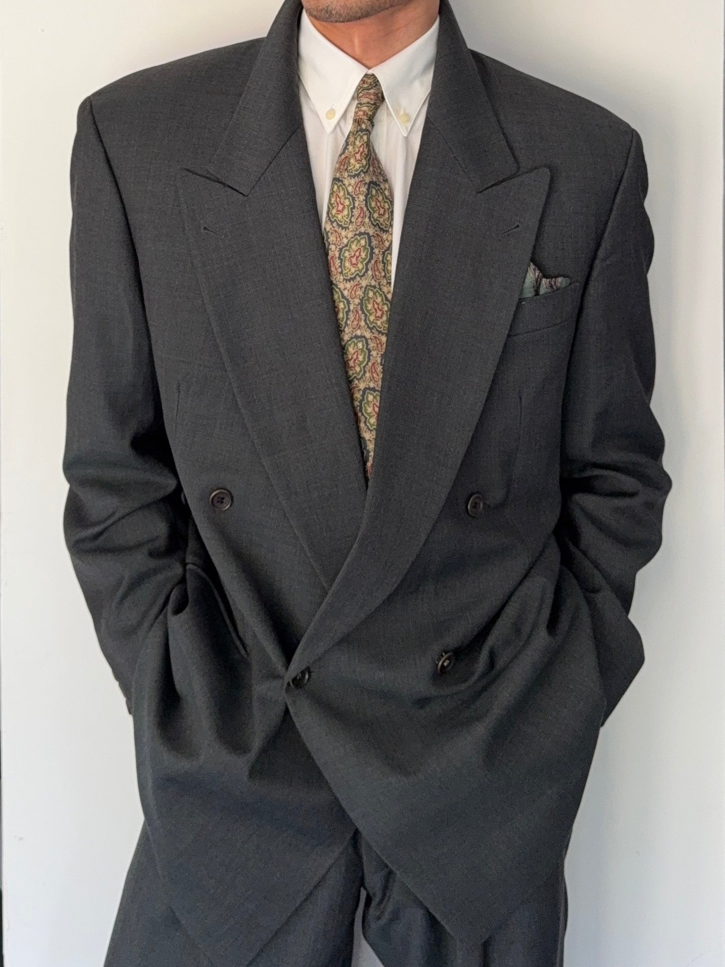 Hugo Boss 1980s Peaked Lapel Double Breasted Pleated Wool Suit Dark Green - Size XL Jacket / 36" Waist