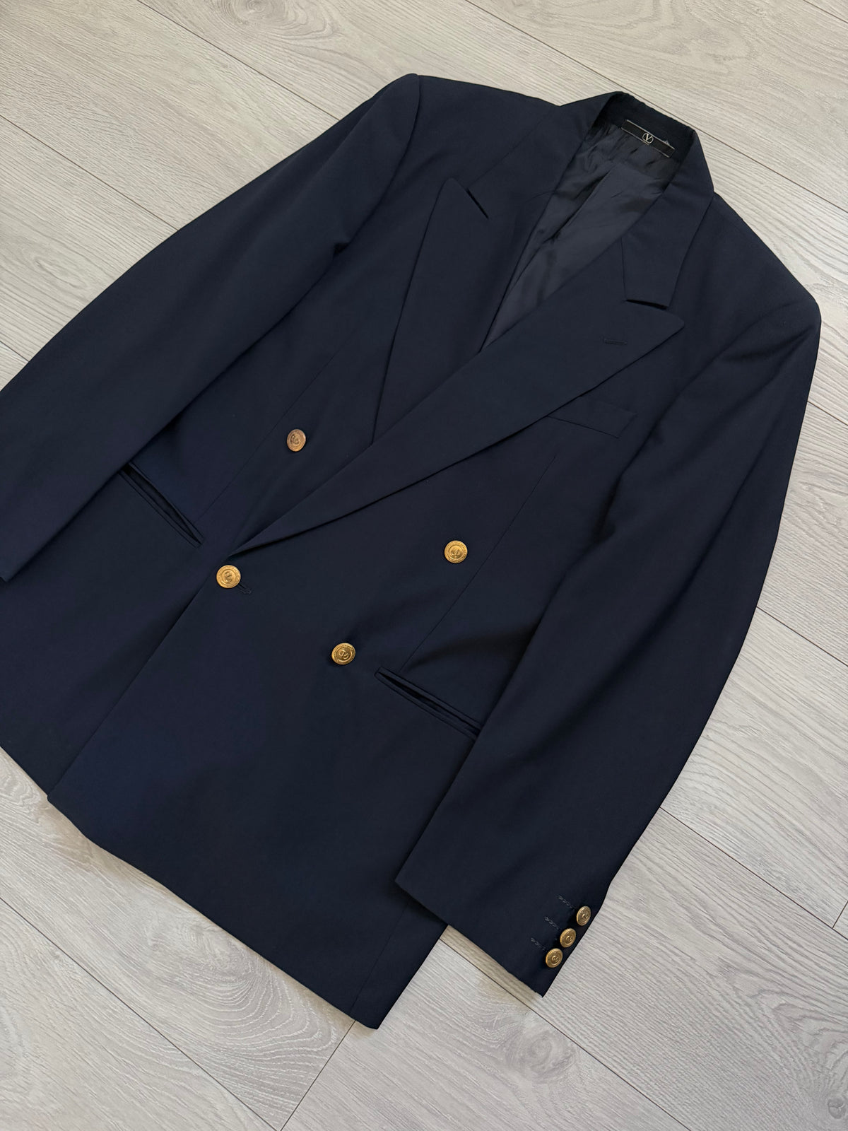 Valentino 1980s Metal Button Double Breasted Wool Navy Sport Jacket Blazer - Size S