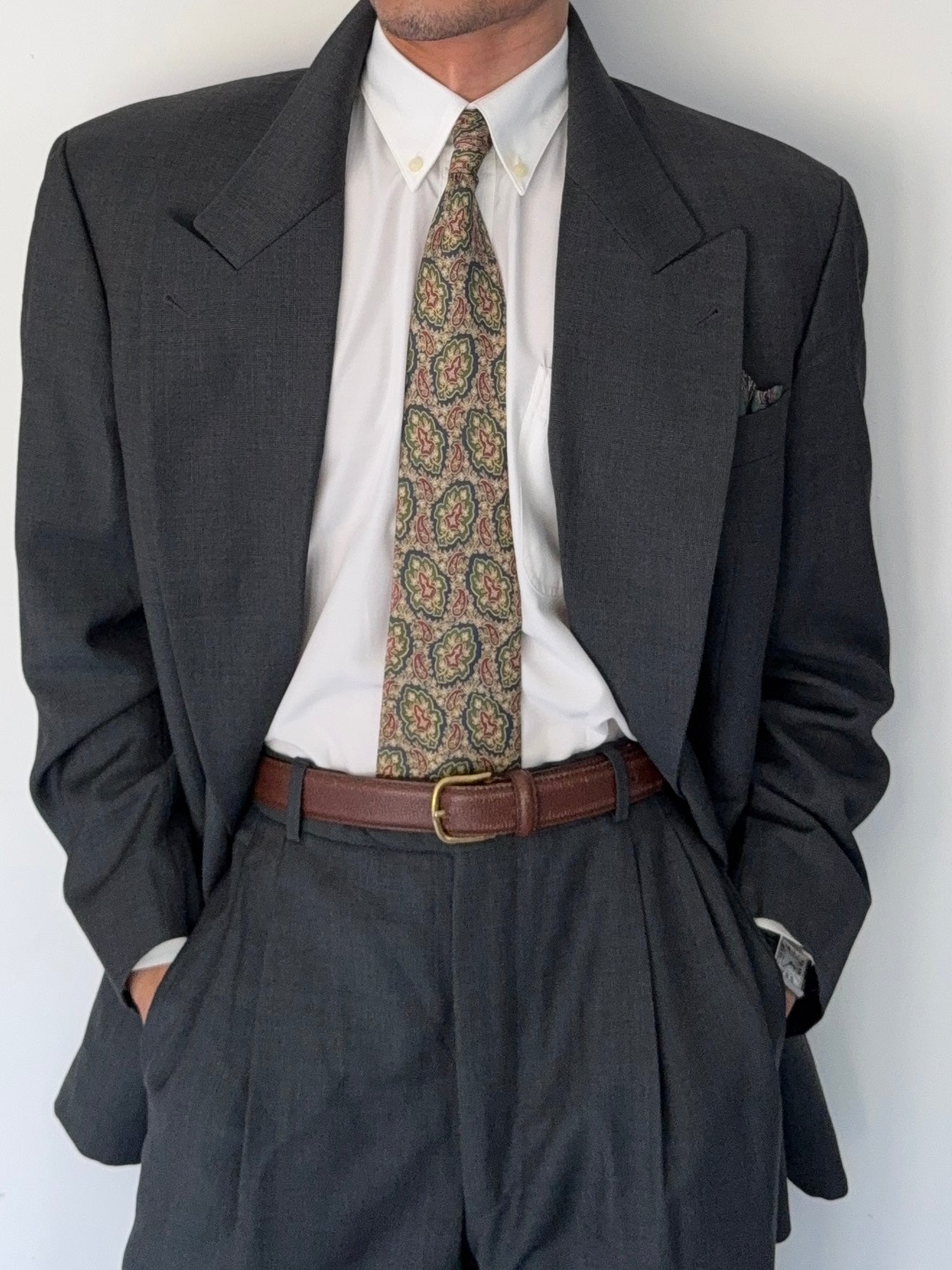 Hugo Boss 1980s Peaked Lapel Double Breasted Pleated Wool Suit Dark Green - Size XL Jacket / 36" Waist