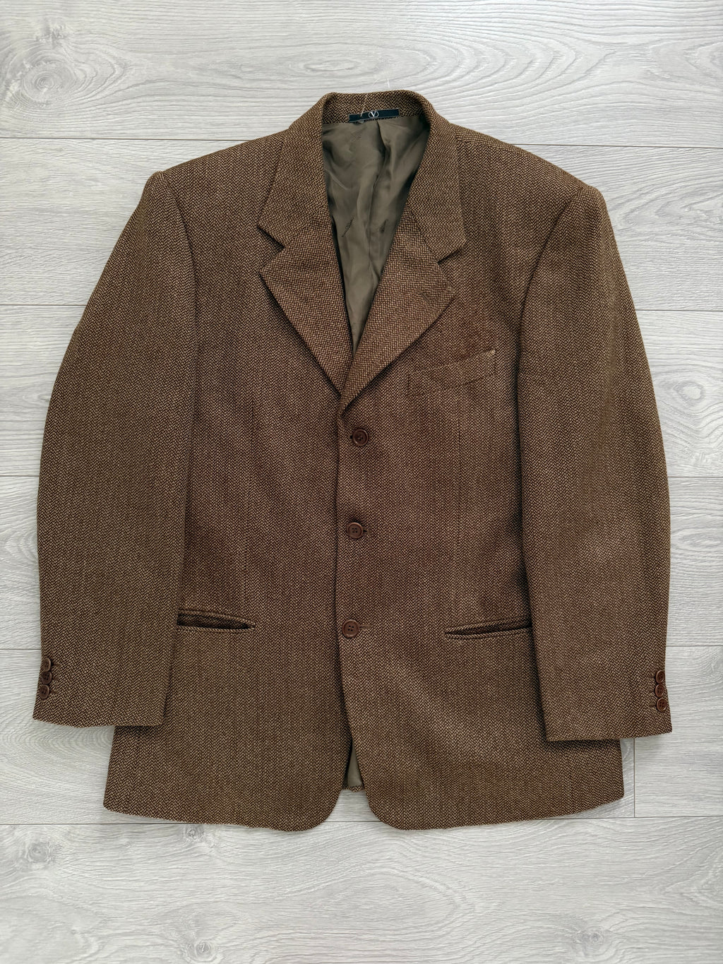 Valentino 1980s Micro Herringbone 3B Tobacco Brown Wool Sports Blazer Jacket - Size L