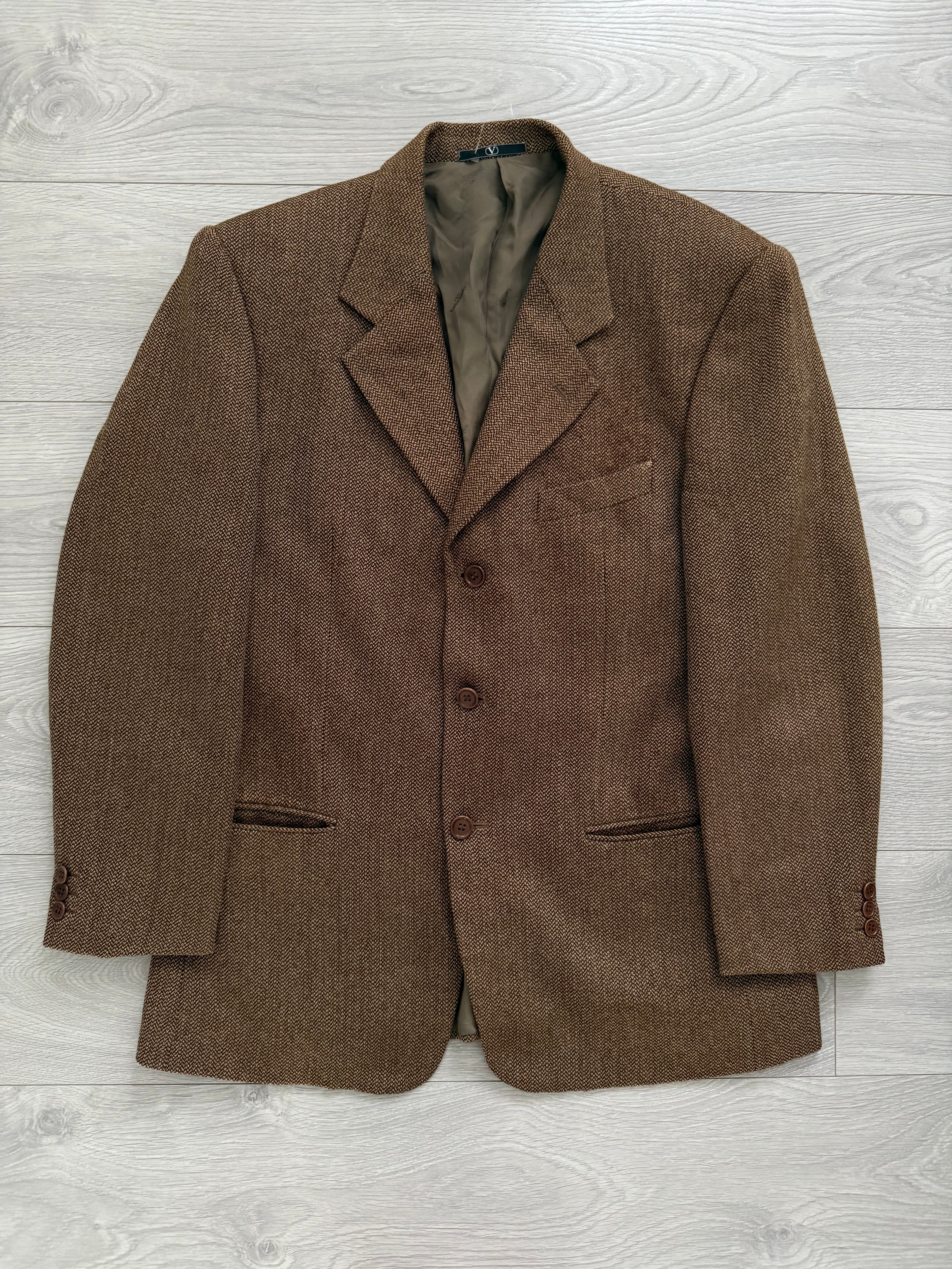 Valentino 1980s Micro Herringbone 3B Tobacco Brown Wool Sports Blazer Jacket - Size L