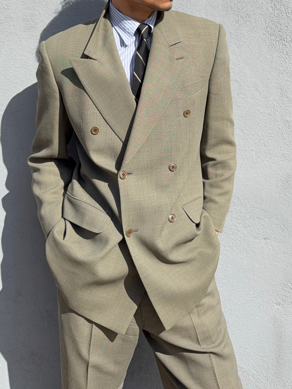 Valentino 1980s 6B Double Breasted Wool Power Suit in Taupe Olive - Size M Jacket / 32" Waist