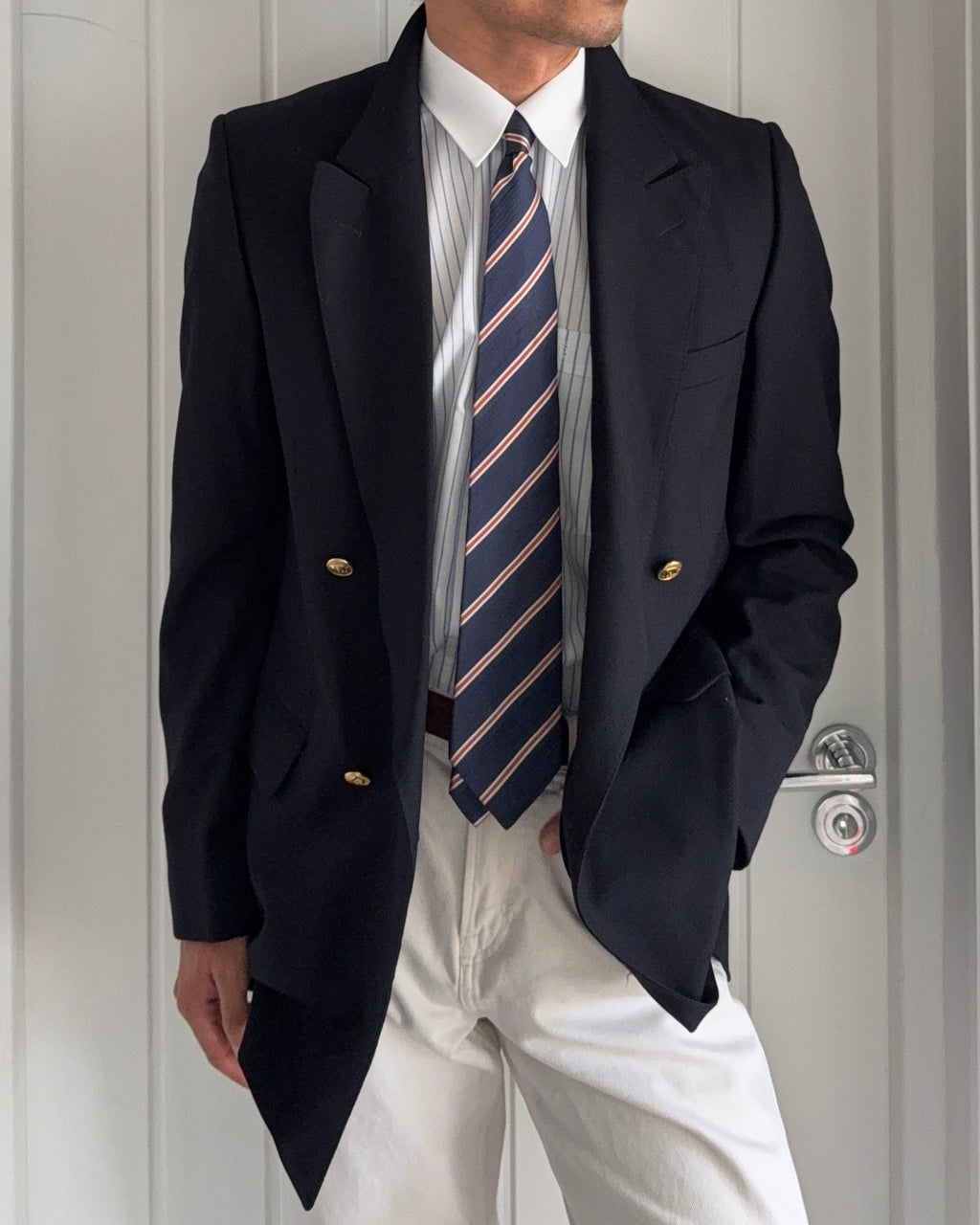 Christian Dior 1980s Metal Button Double Breasted Wool Sport Jacket Blazer Navy Blue - Size M
