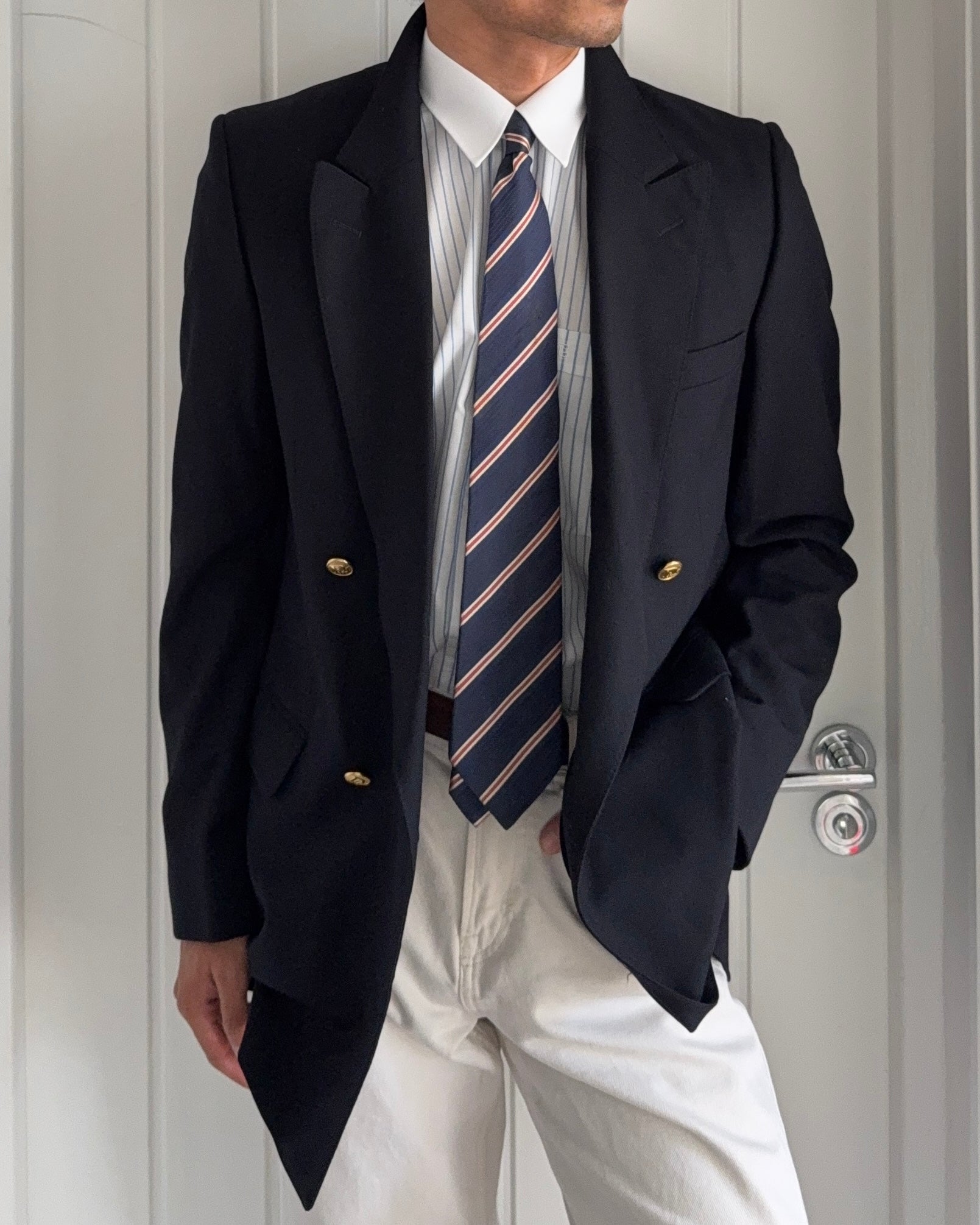 Christian Dior 1980s Metal Button Double Breasted Wool Sport Jacket Blazer Navy Blue - Size M