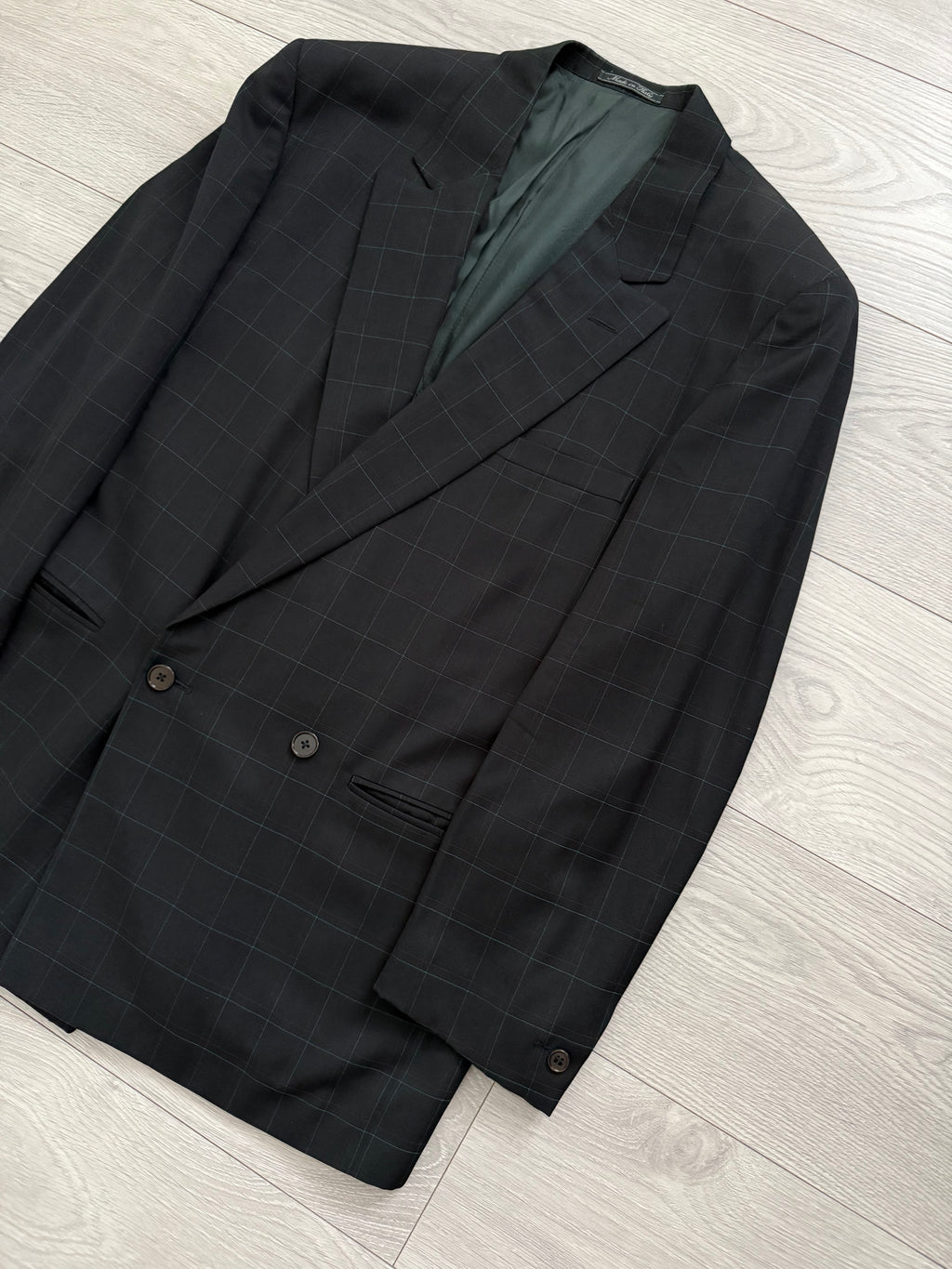 Versace 1980s Notch Lapel Double Breasted Pleated Wool Check Suit Black - Size M Jacket / 32" Waist