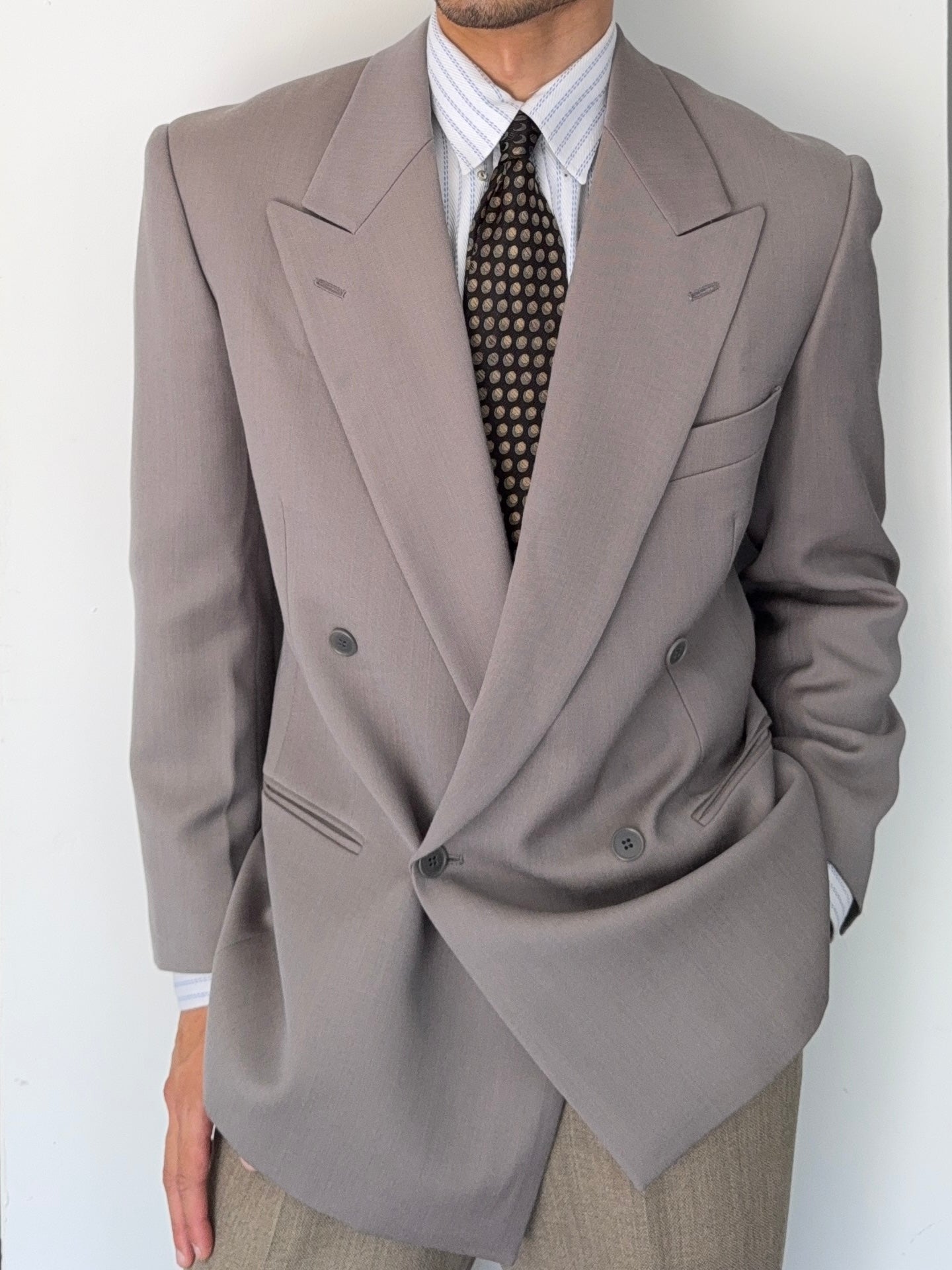 Emporio Armani 1990s Peaked Lapel Double Breasted Taupe Sports Jacket Blazer - Size S