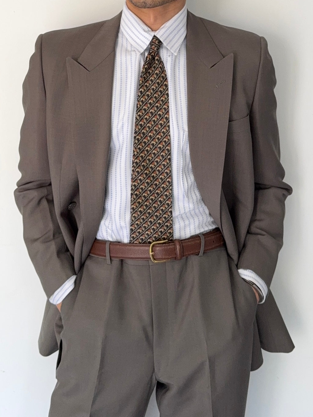 Balenciaga 1990s Peaked Lapel Double Breasted Metal Button Wool Khaki Suit - Size M Jacket / 36" Waist