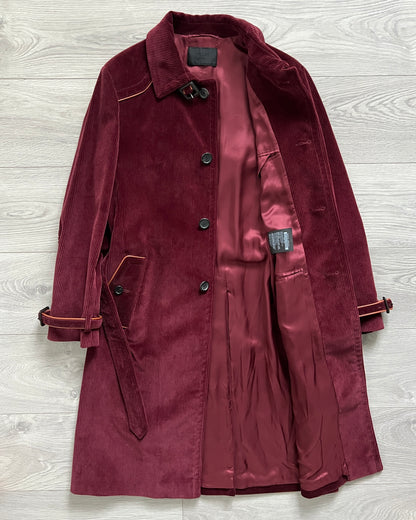 Prada FW2017 Runway Burgundy Red Western Corduroy Belted Coat - Size M